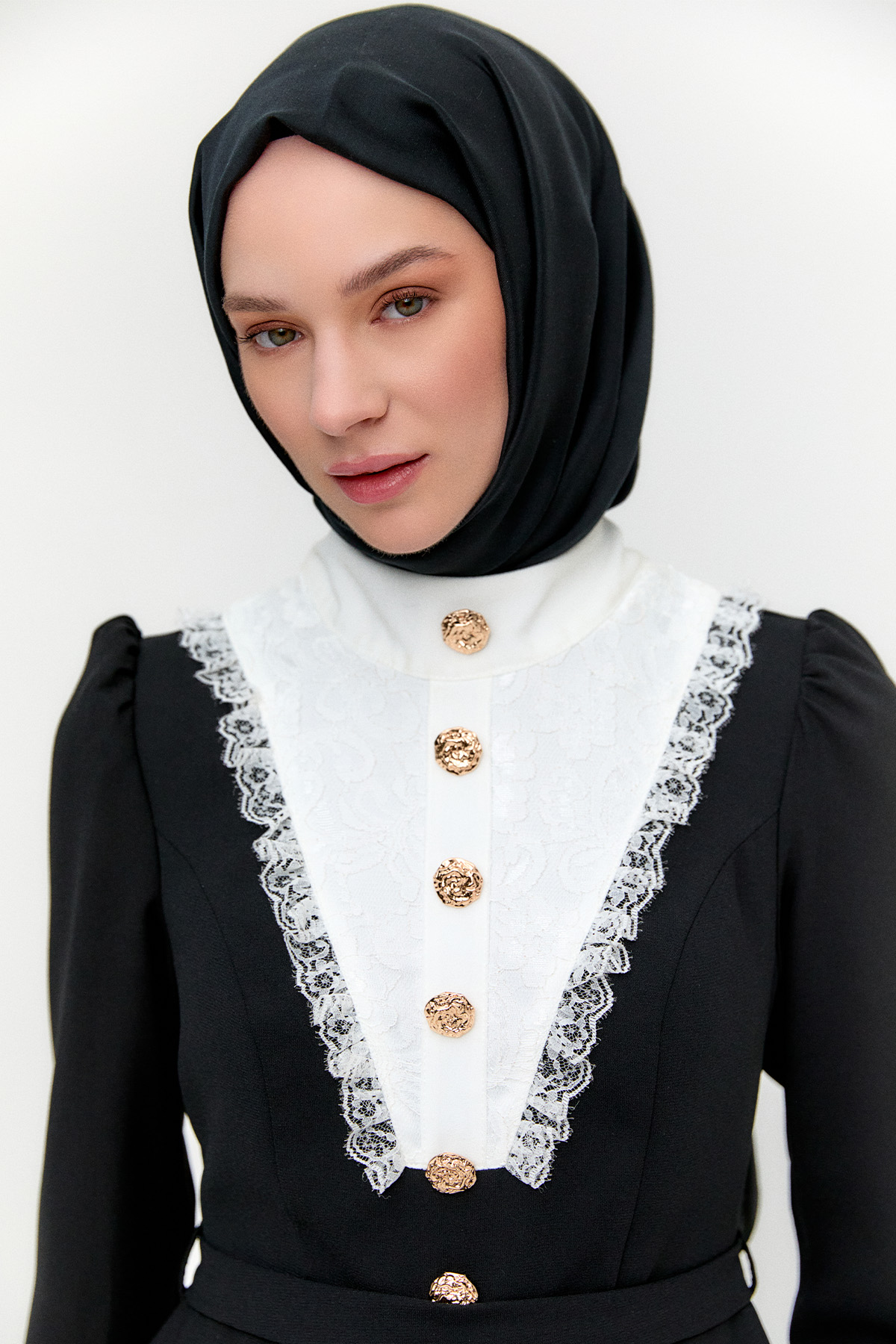 Kemerli Katmanlı Dantel Detaylı Elbise, Tesettür Giyim