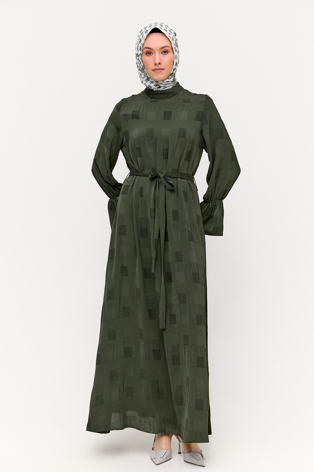 Kare Desenli Kuşaklı Elbise, Tesettür Giyim