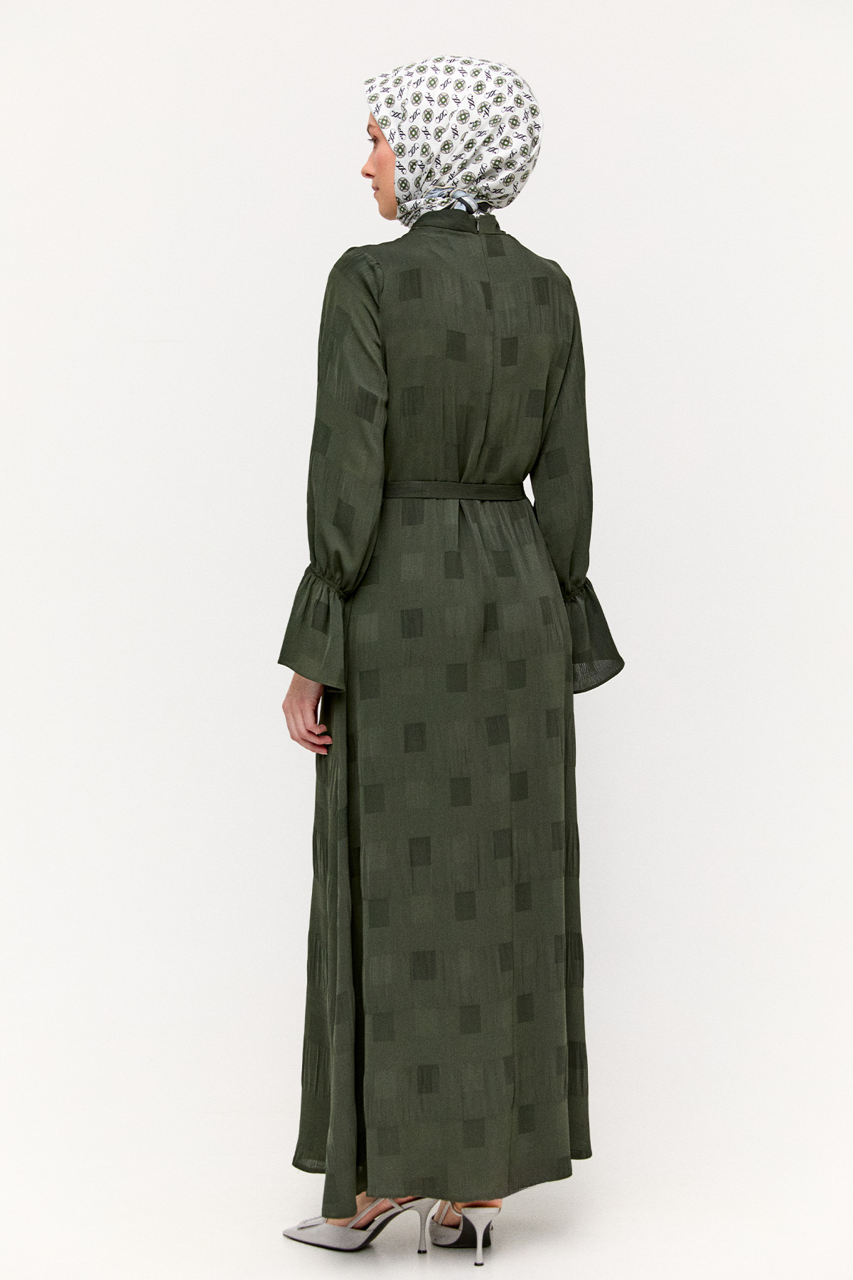 Kare Desenli Kuşaklı Elbise, Tesettür Giyim