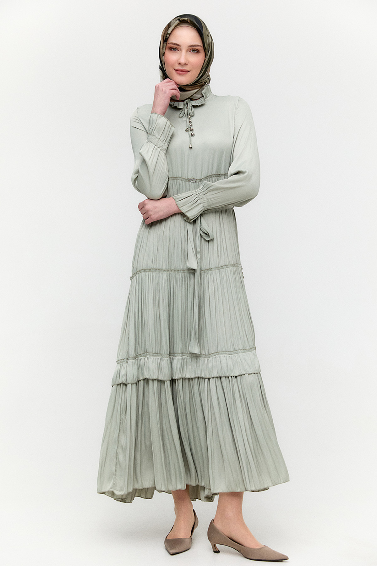 Büzgülü Saten Elbise, Tesettür Giyim