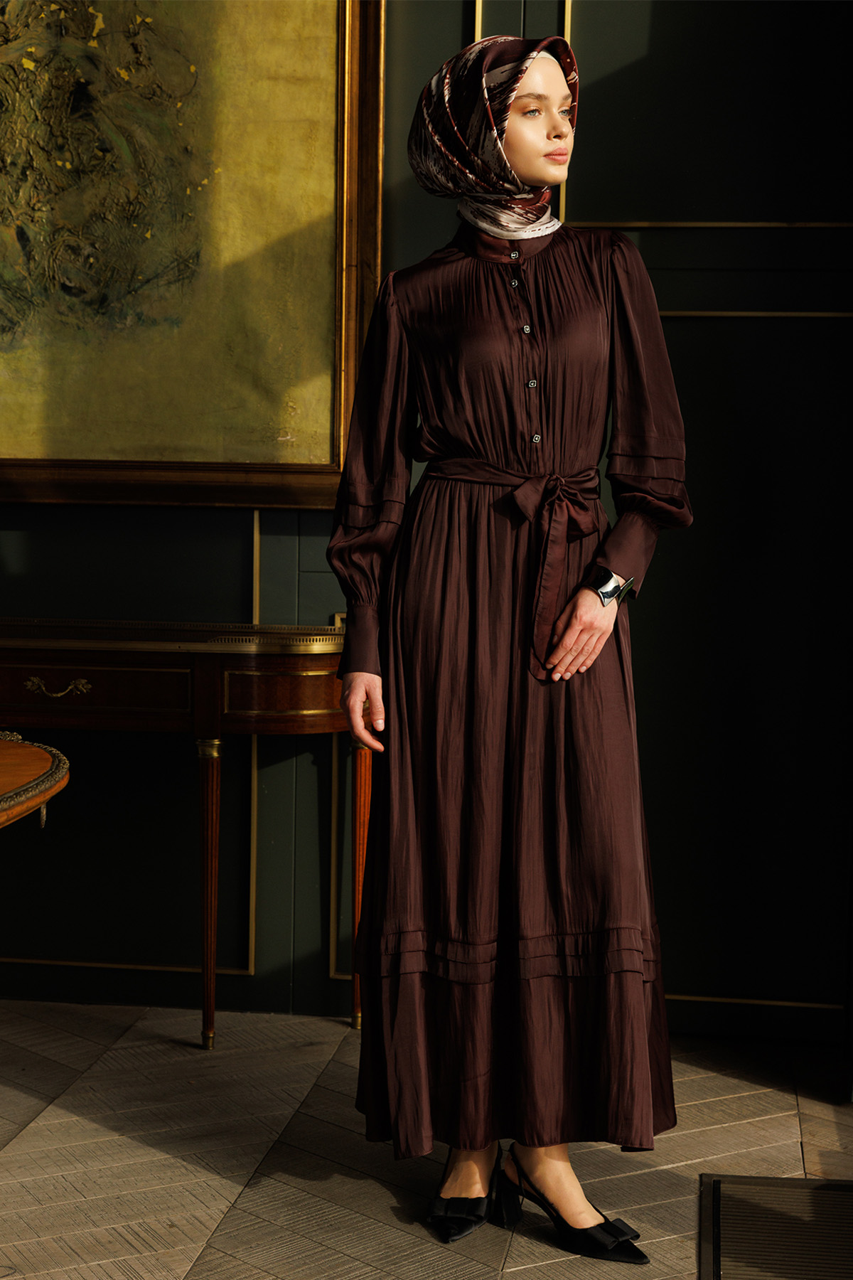 Büzgülü Saten Elbise, Tesettür Giyim