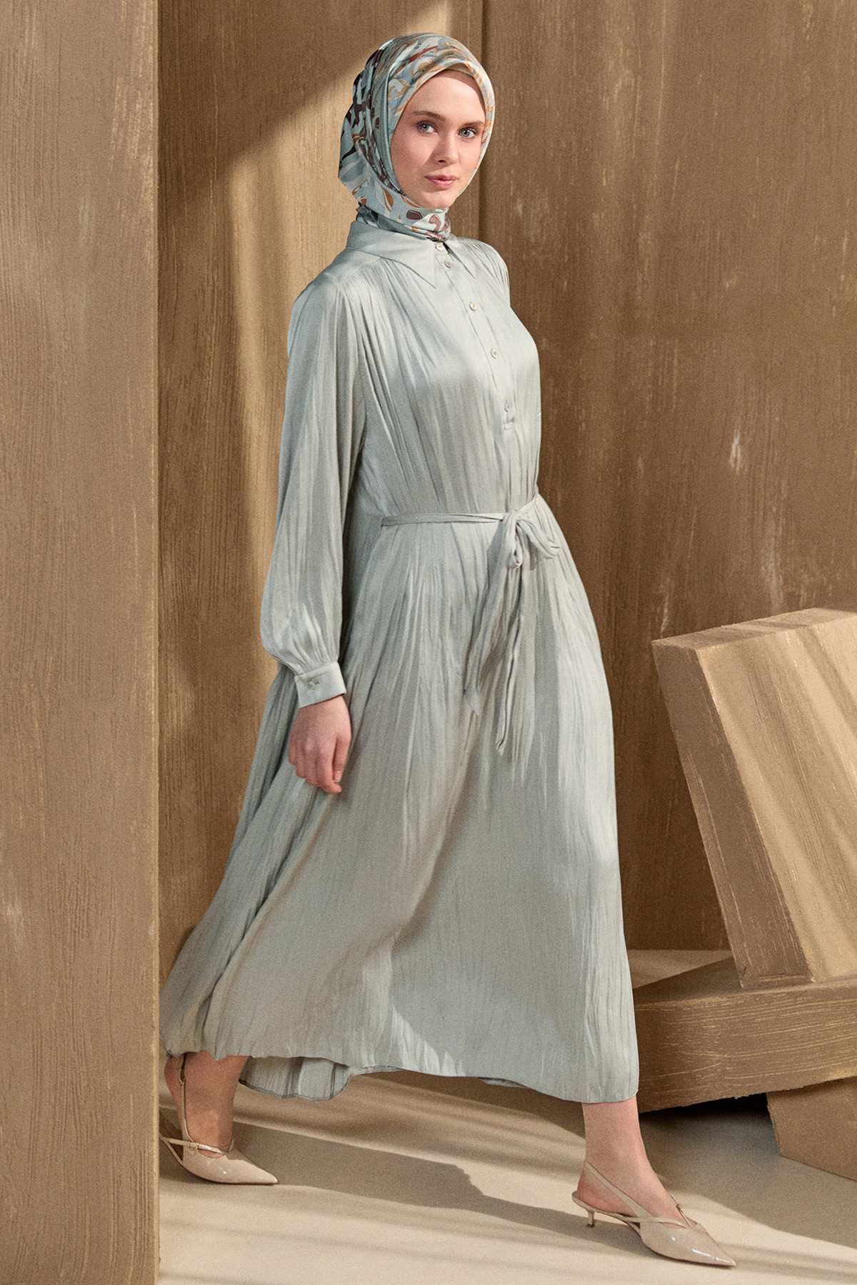 Kırışık Efektli Kuşaklı Elbise, Tesettür Giyim