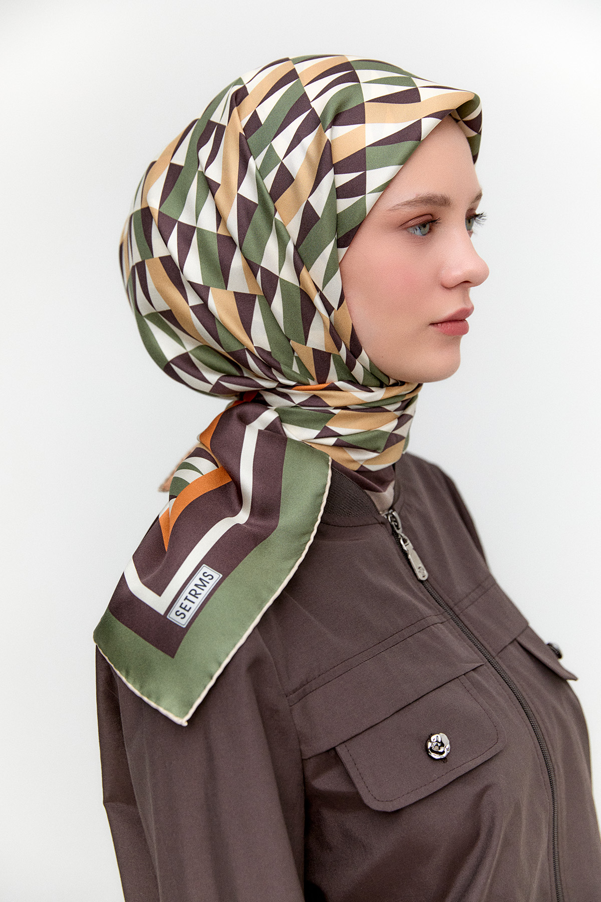 Geometrik Desenli Twill İpek Eşarp, Tesettür Giyim