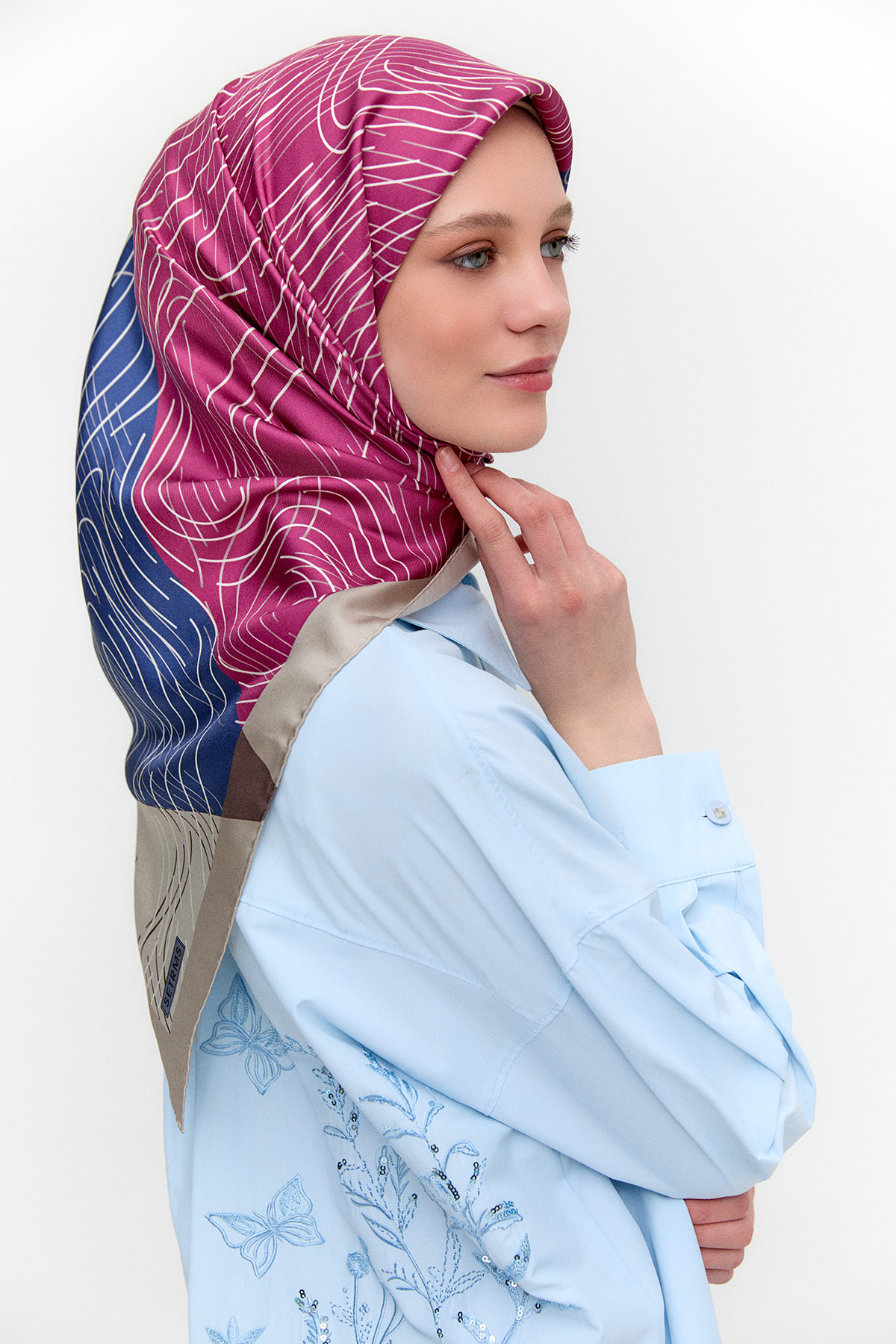 Çizgi Desenli Twill İpek Eşarp, Tesettür Giyim
