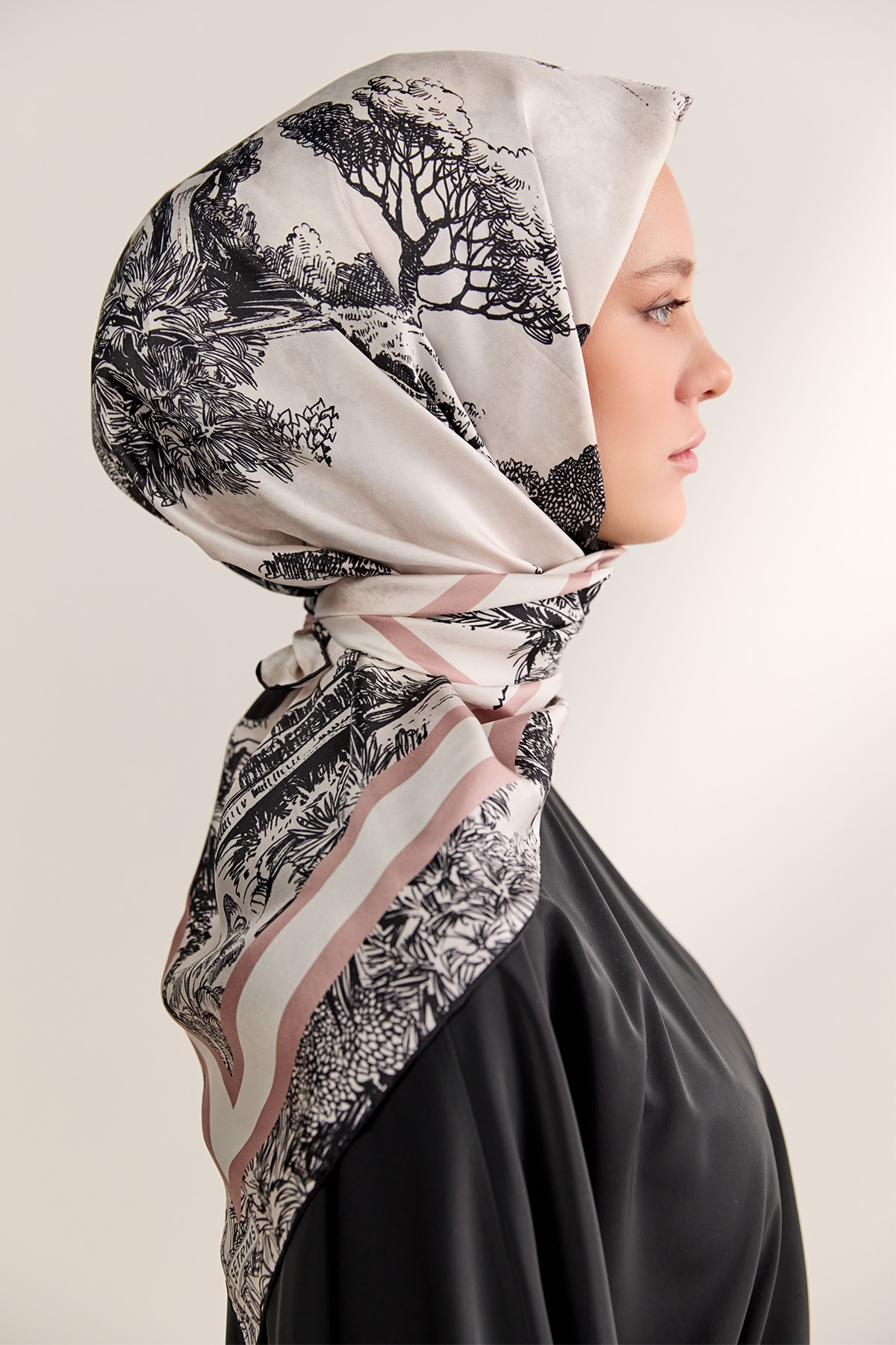 Doğa Desenli Twill İpek Eşarp, Tesettür Giyim
