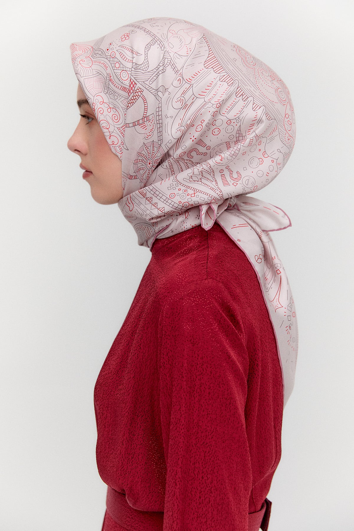 Çizim Desenli Twill İpek Eşarp, Tesettür Giyim