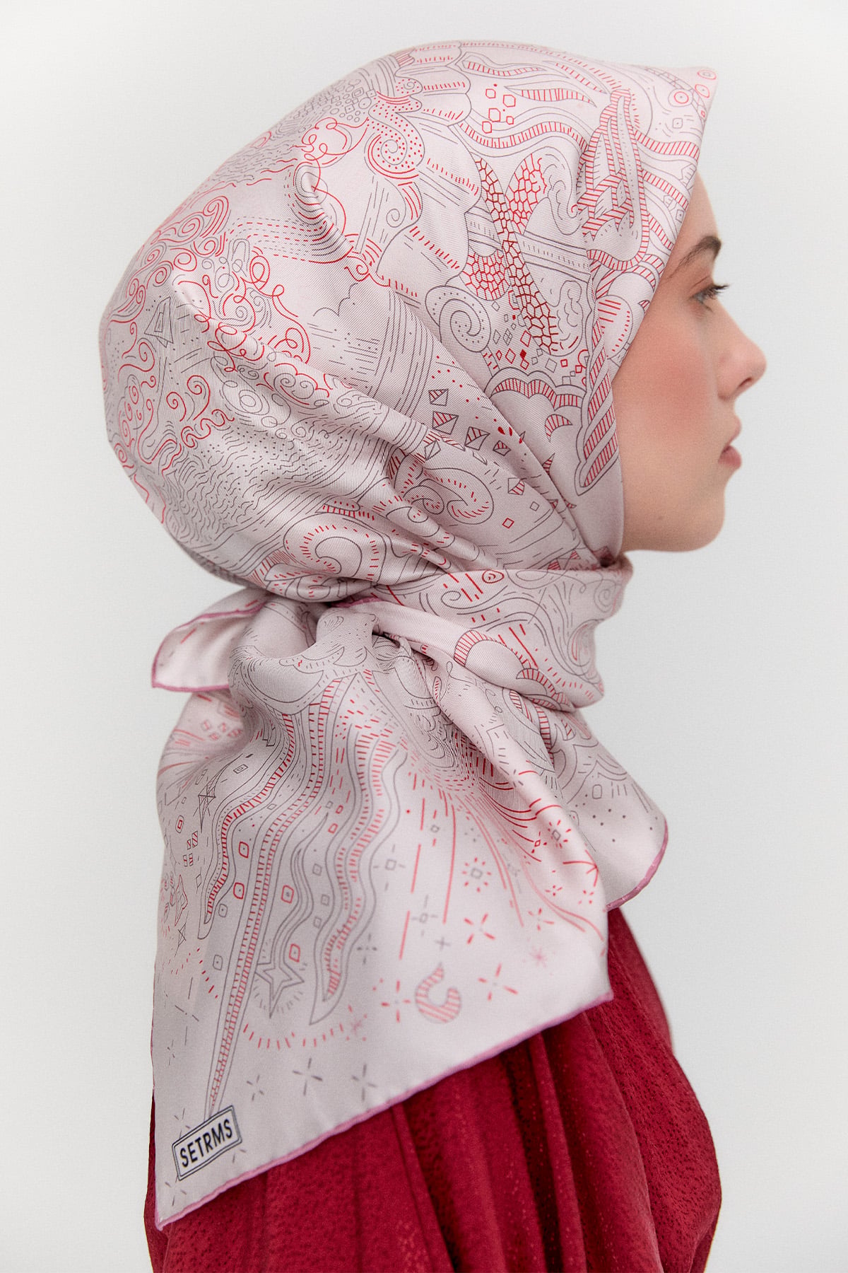 Çizim Desenli Twill İpek Eşarp, Tesettür Giyim