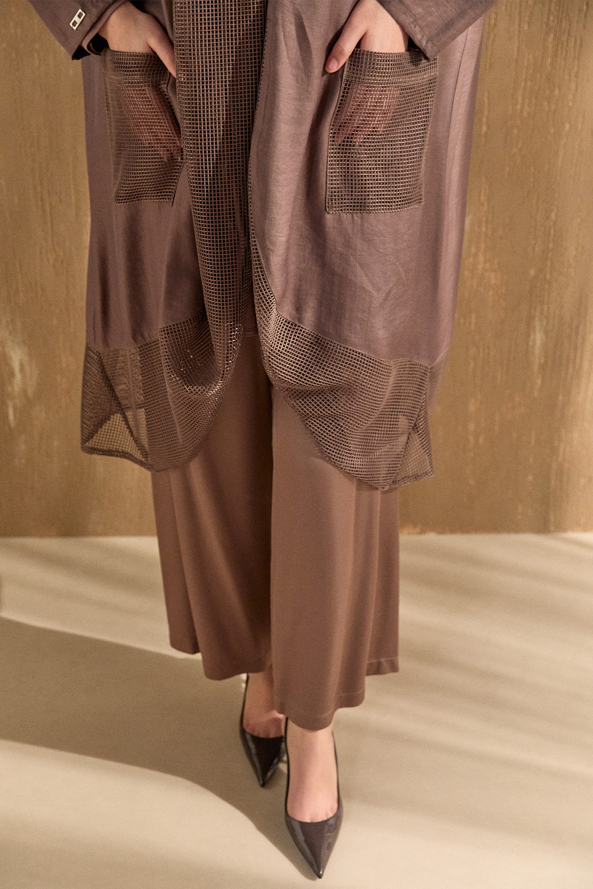 Jakarlı File Detaylı Kap, Tesettür Giyim