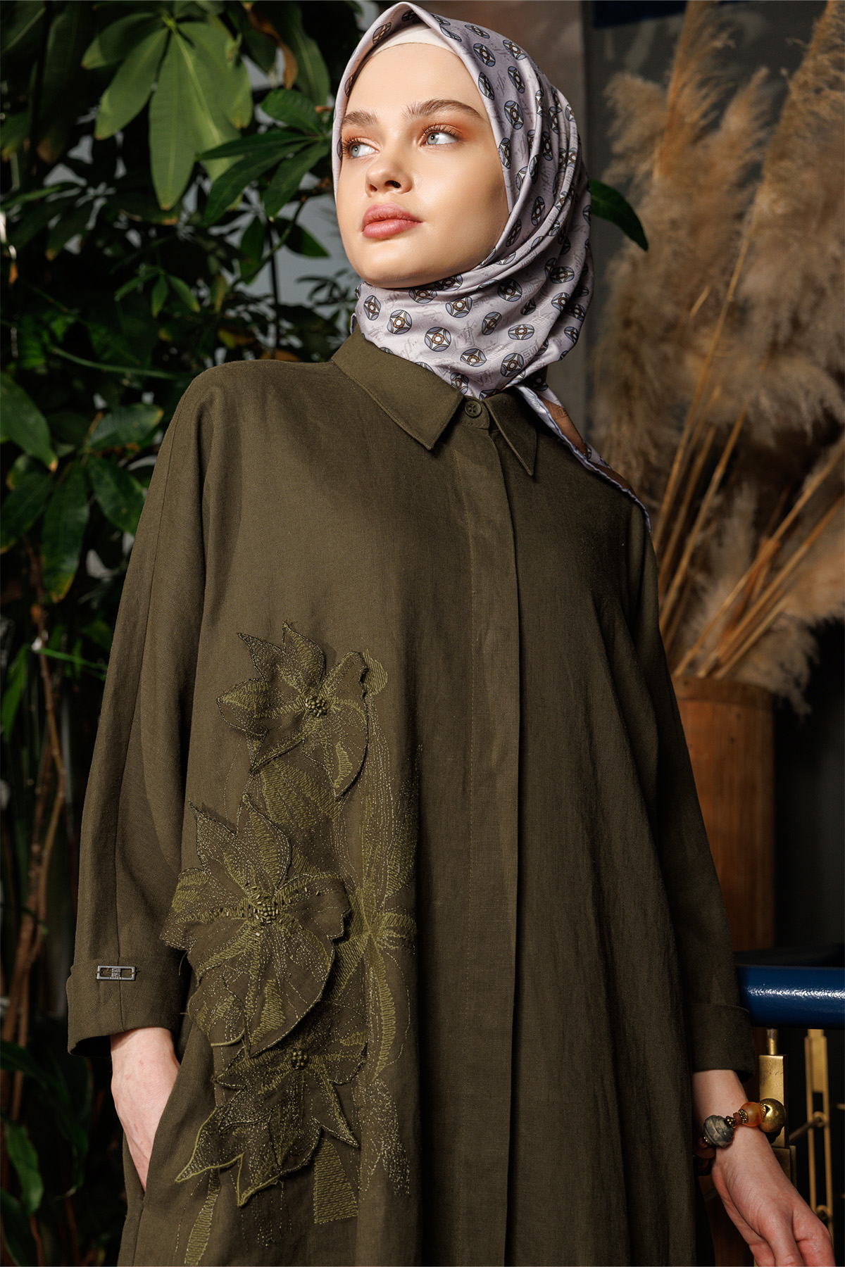 Nakışlı Keten Uzun Tunik, Tesettür Giyim