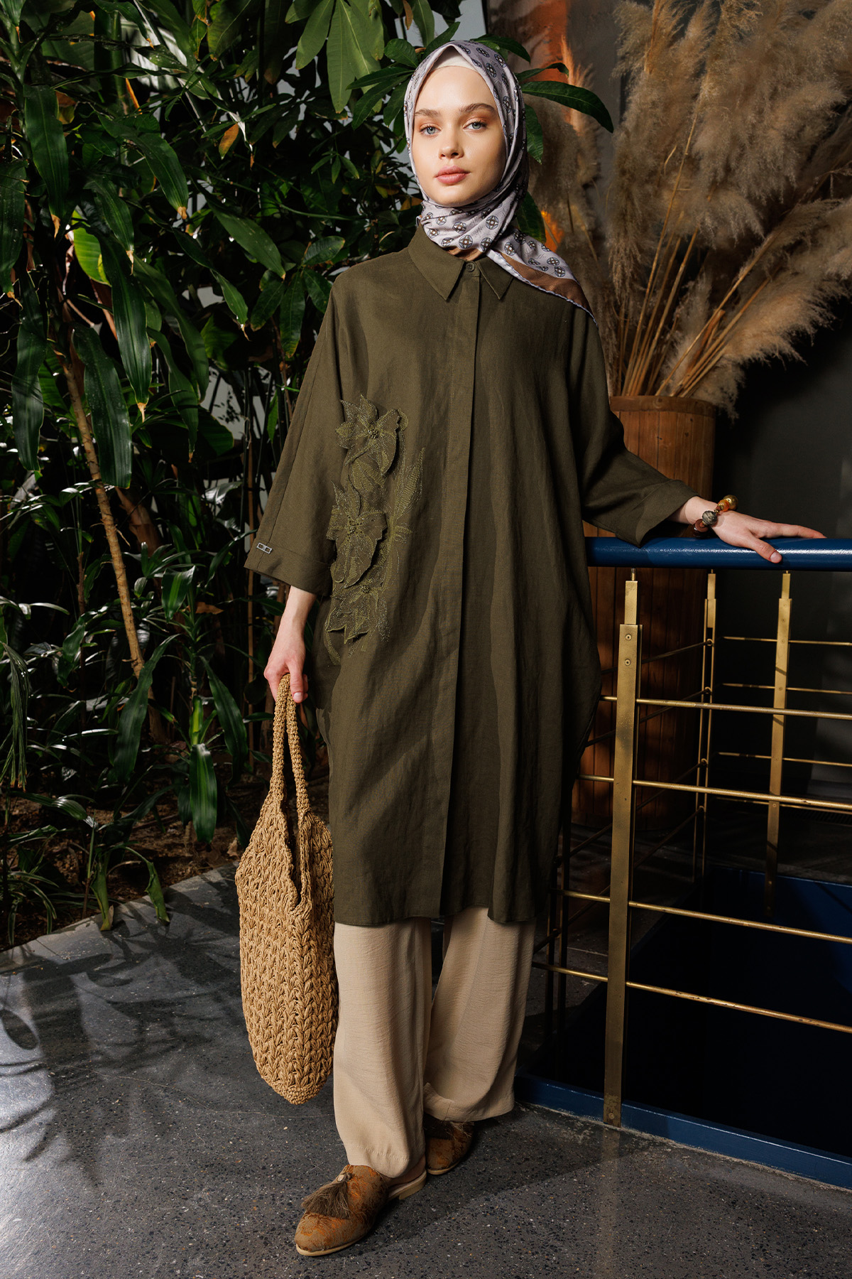Nakışlı Keten Uzun Tunik, Tesettür Giyim