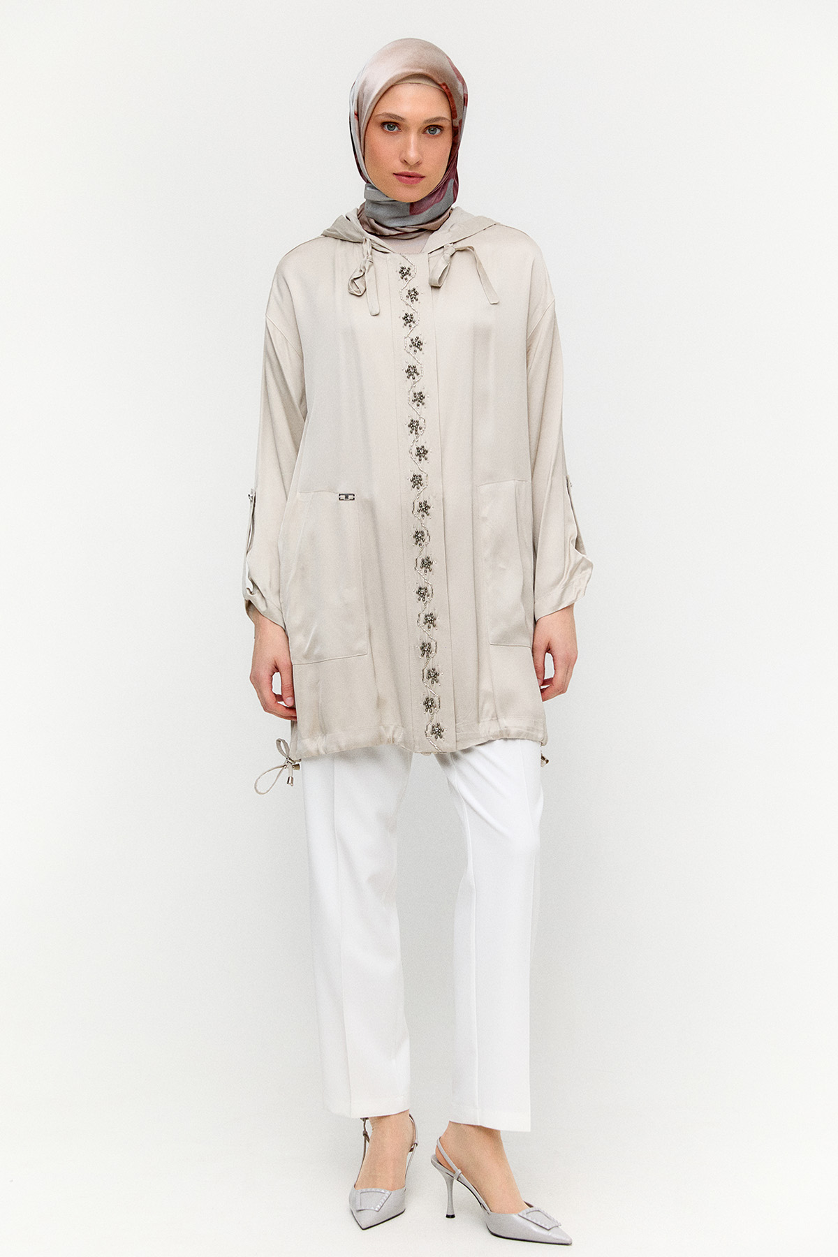 İşlemeli Floş Saten Tunik, Tesettür Giyim