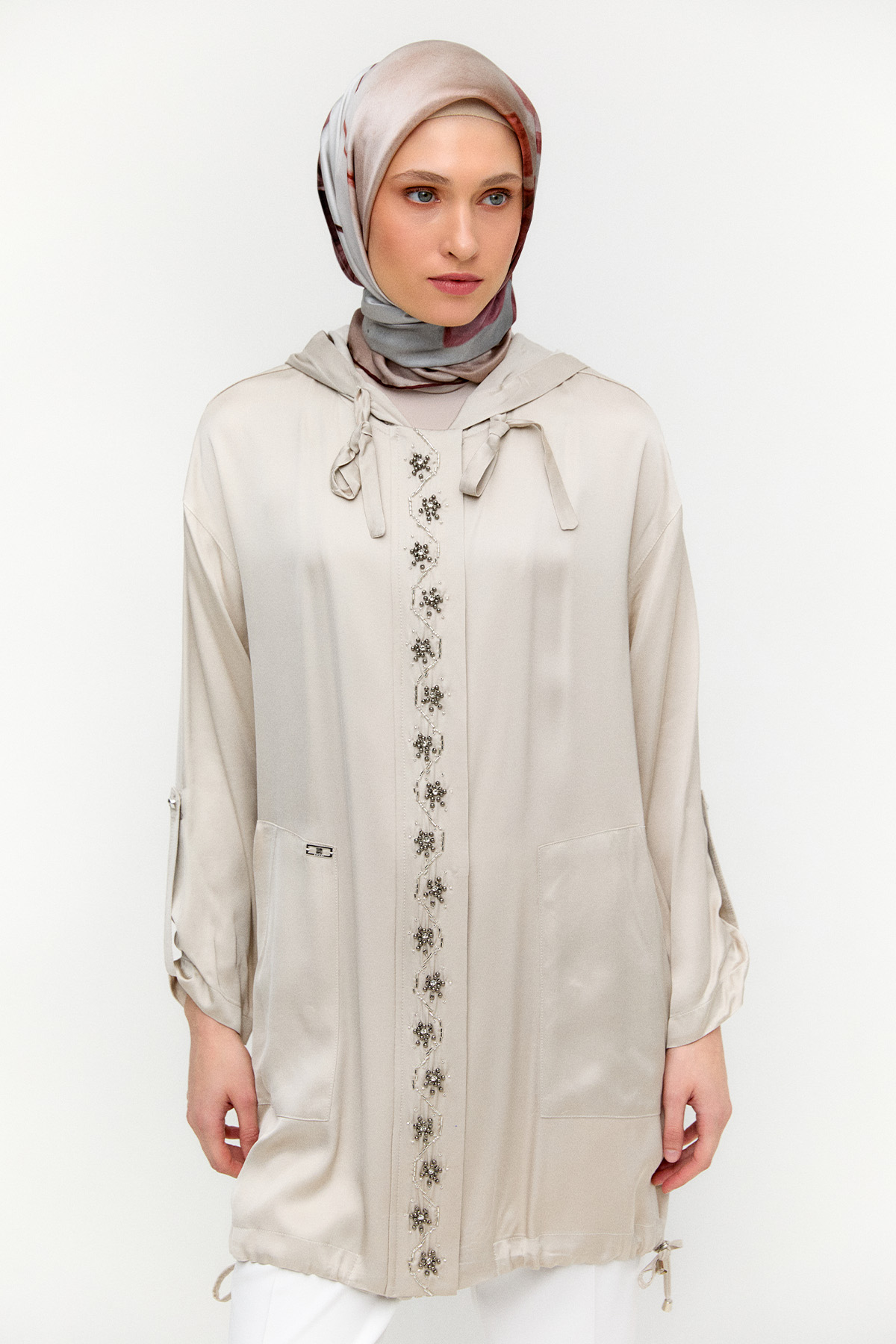 İşlemeli Floş Saten Tunik, Tesettür Giyim