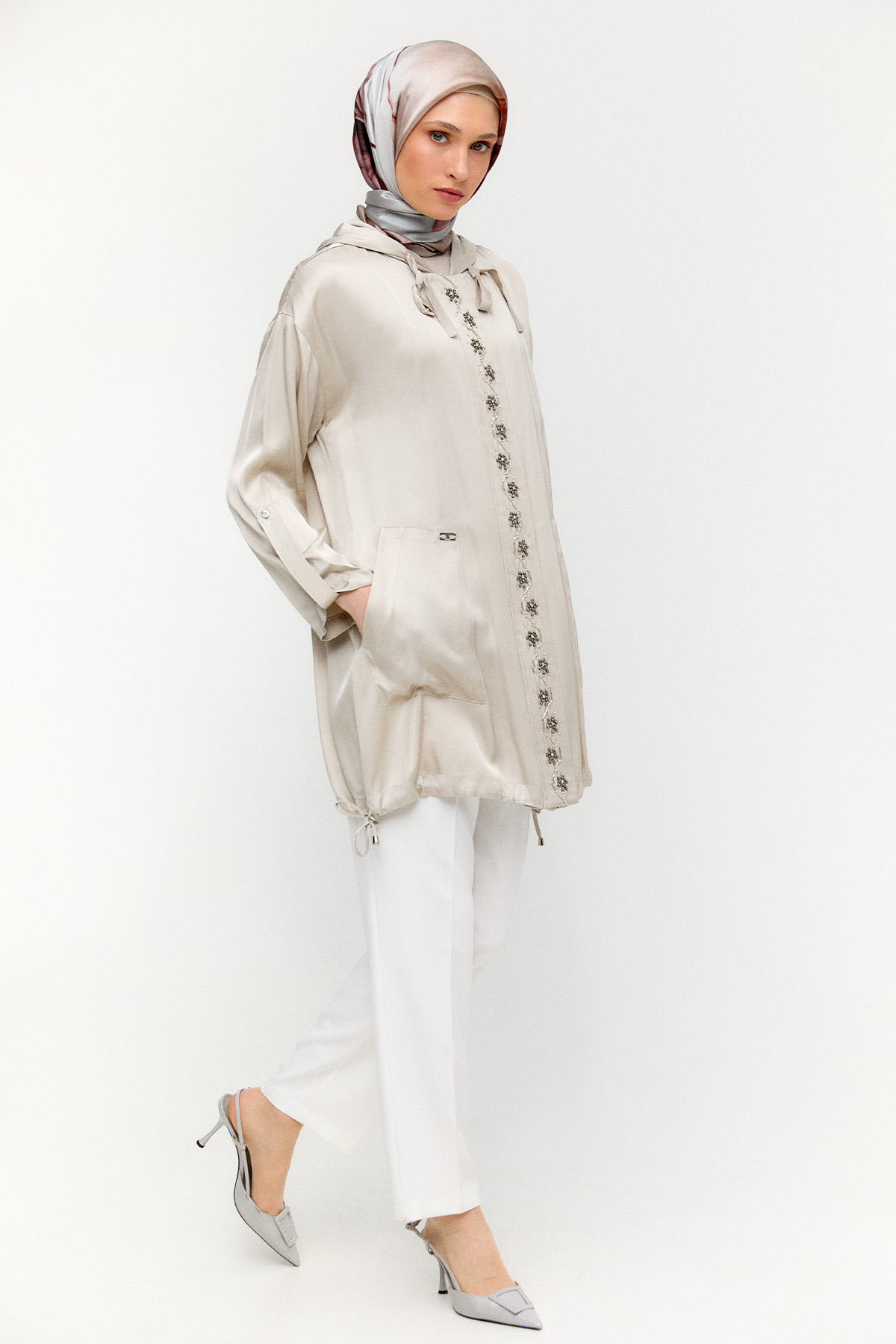 İşlemeli Floş Saten Tunik, Tesettür Giyim