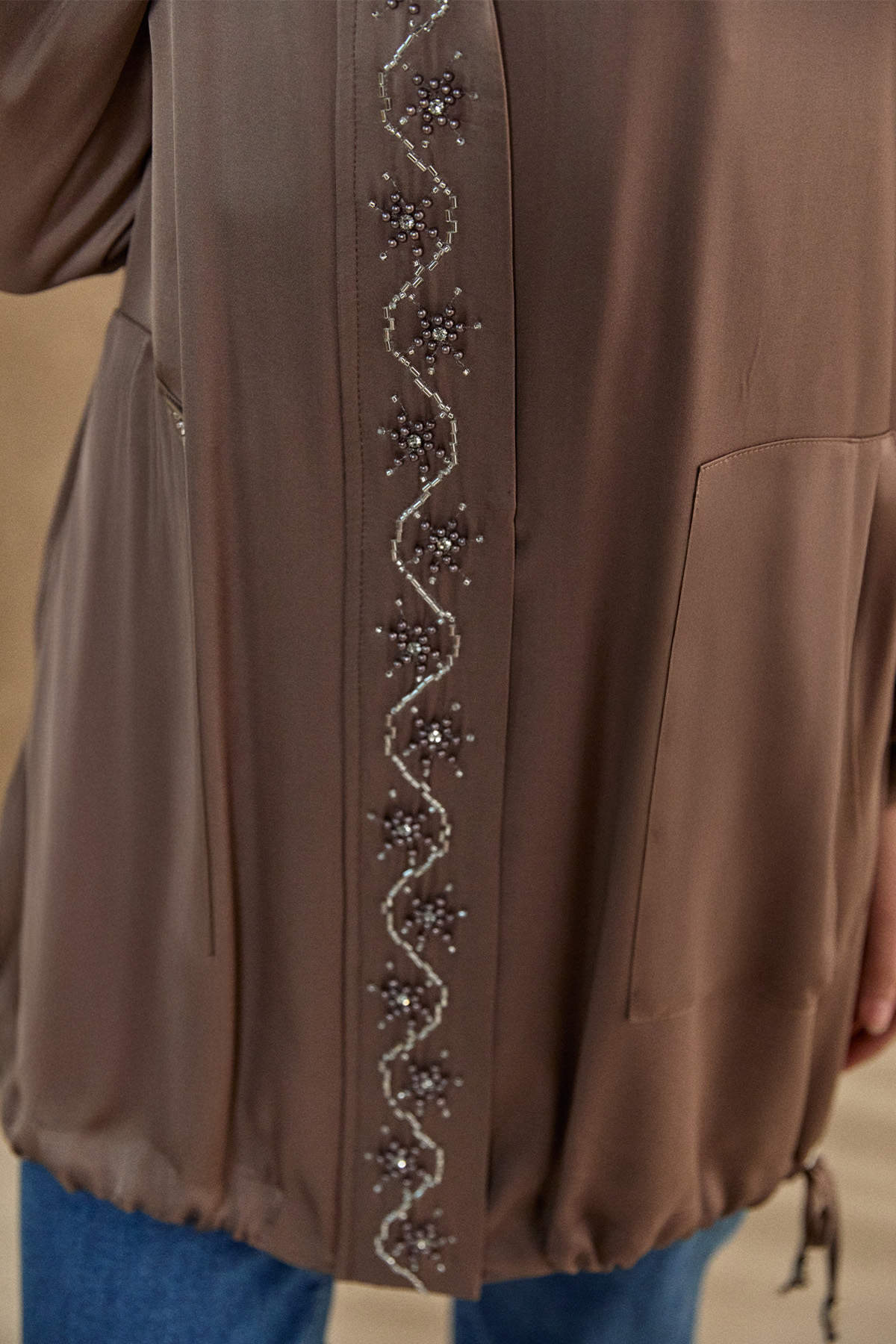 İşlemeli Floş Saten Tunik, Tesettür Giyim