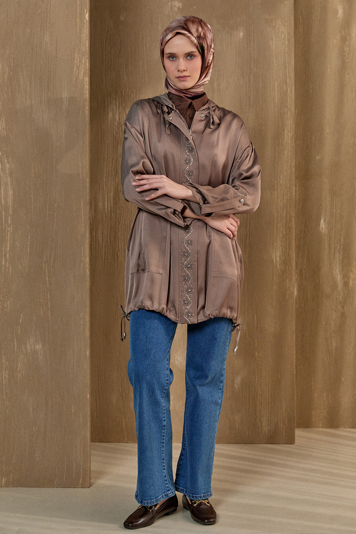 İşlemeli Floş Saten Tunik, Tesettür Giyim