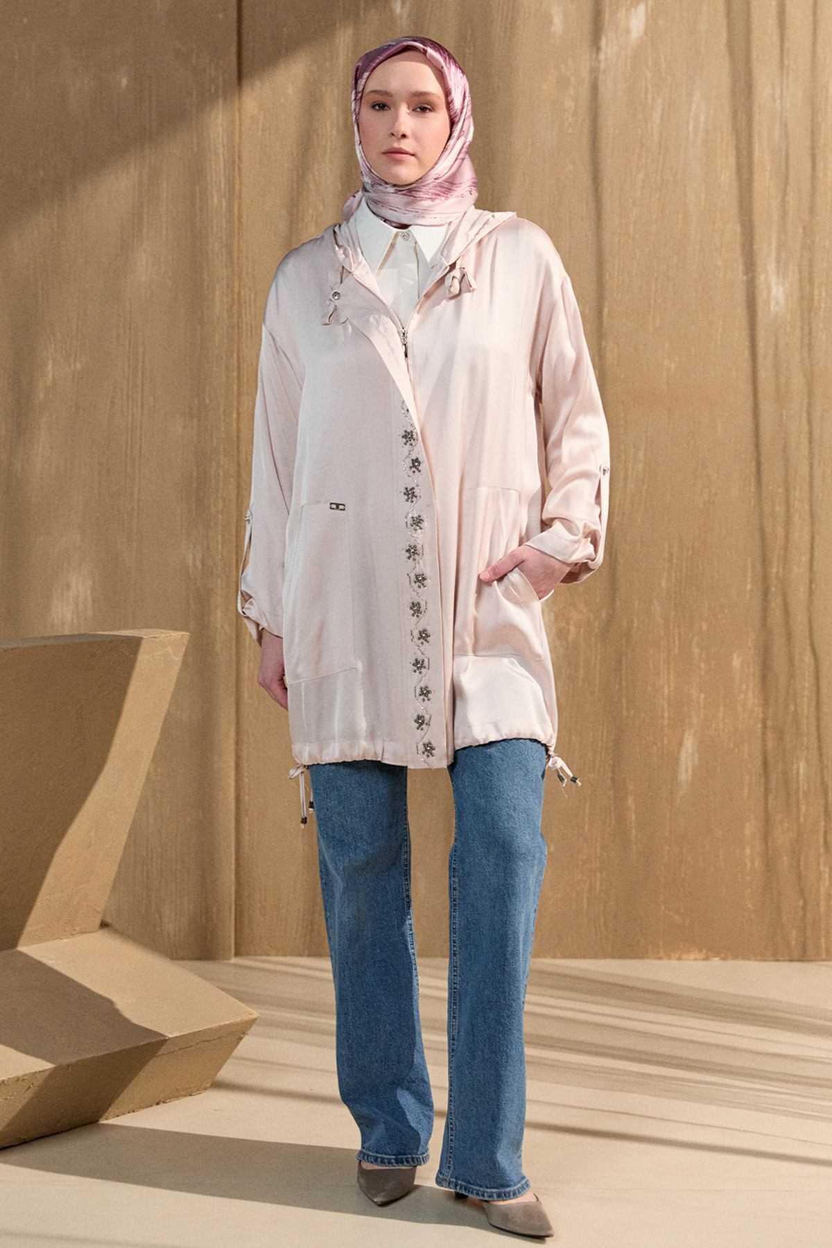 İşlemeli Floş Saten Tunik, Tesettür Giyim