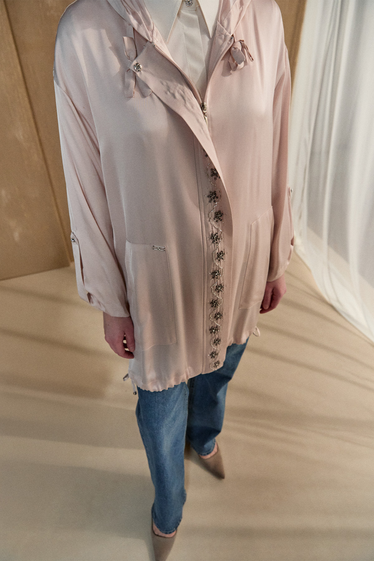 İşlemeli Floş Saten Tunik, Tesettür Giyim