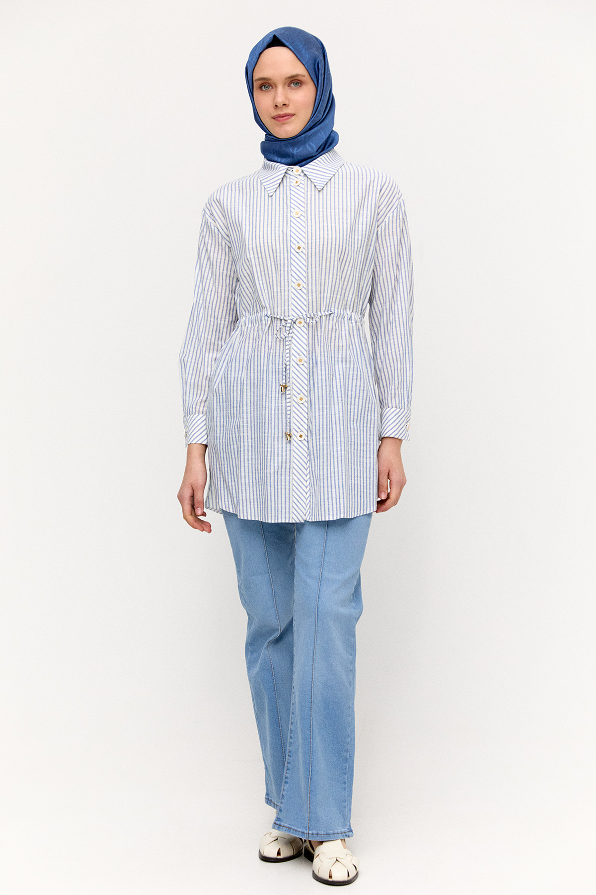 Metal Efektli Çizgili Pamuk Tunik, Tesettür Giyim