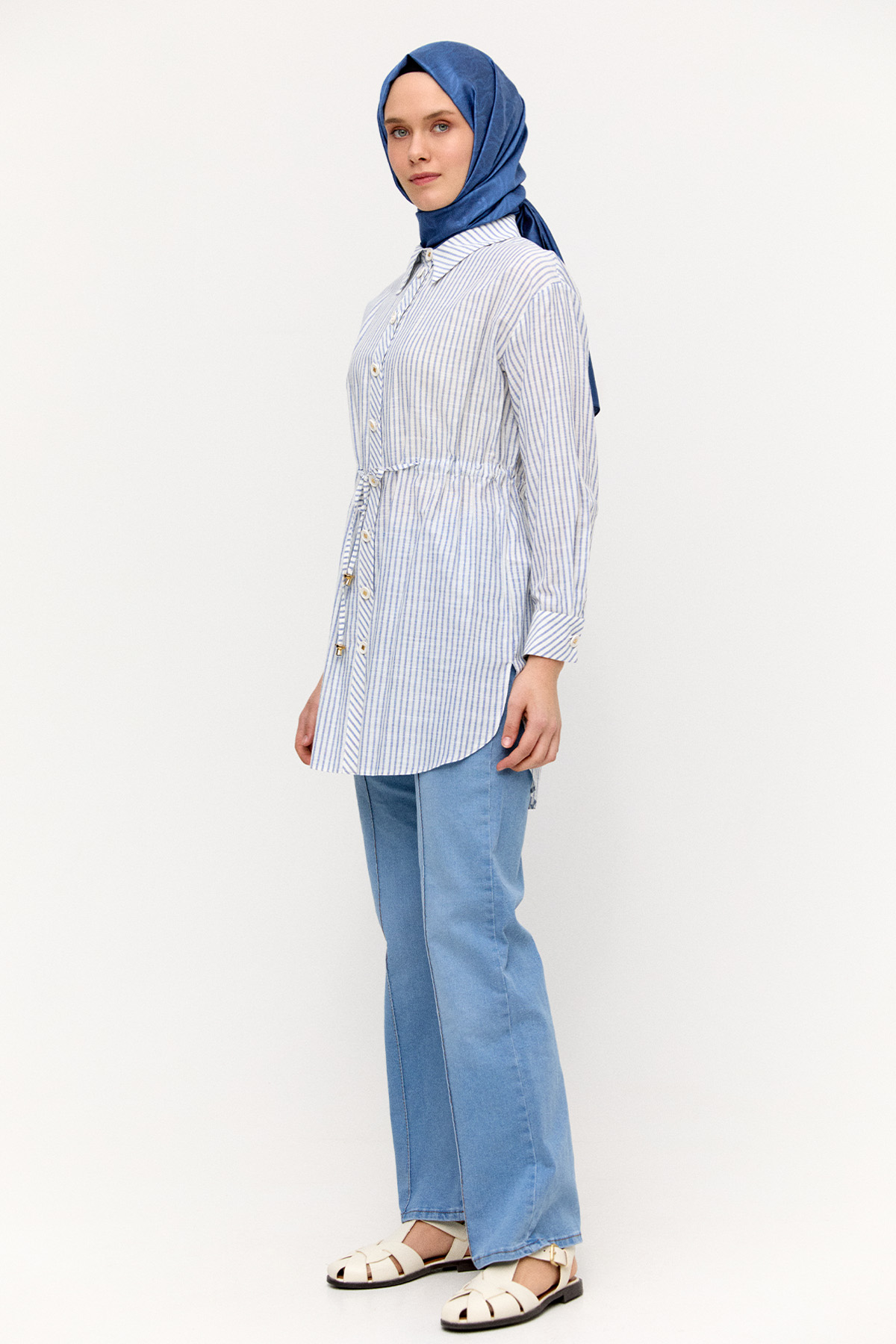 Metal Efektli Çizgili Pamuk Tunik, Tesettür Giyim