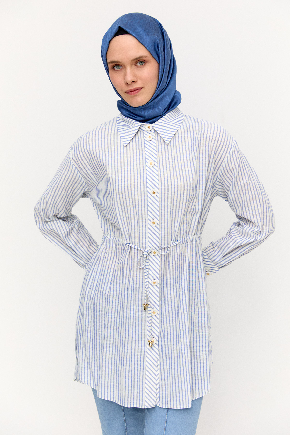 Metal Efektli Çizgili Pamuk Tunik, Tesettür Giyim