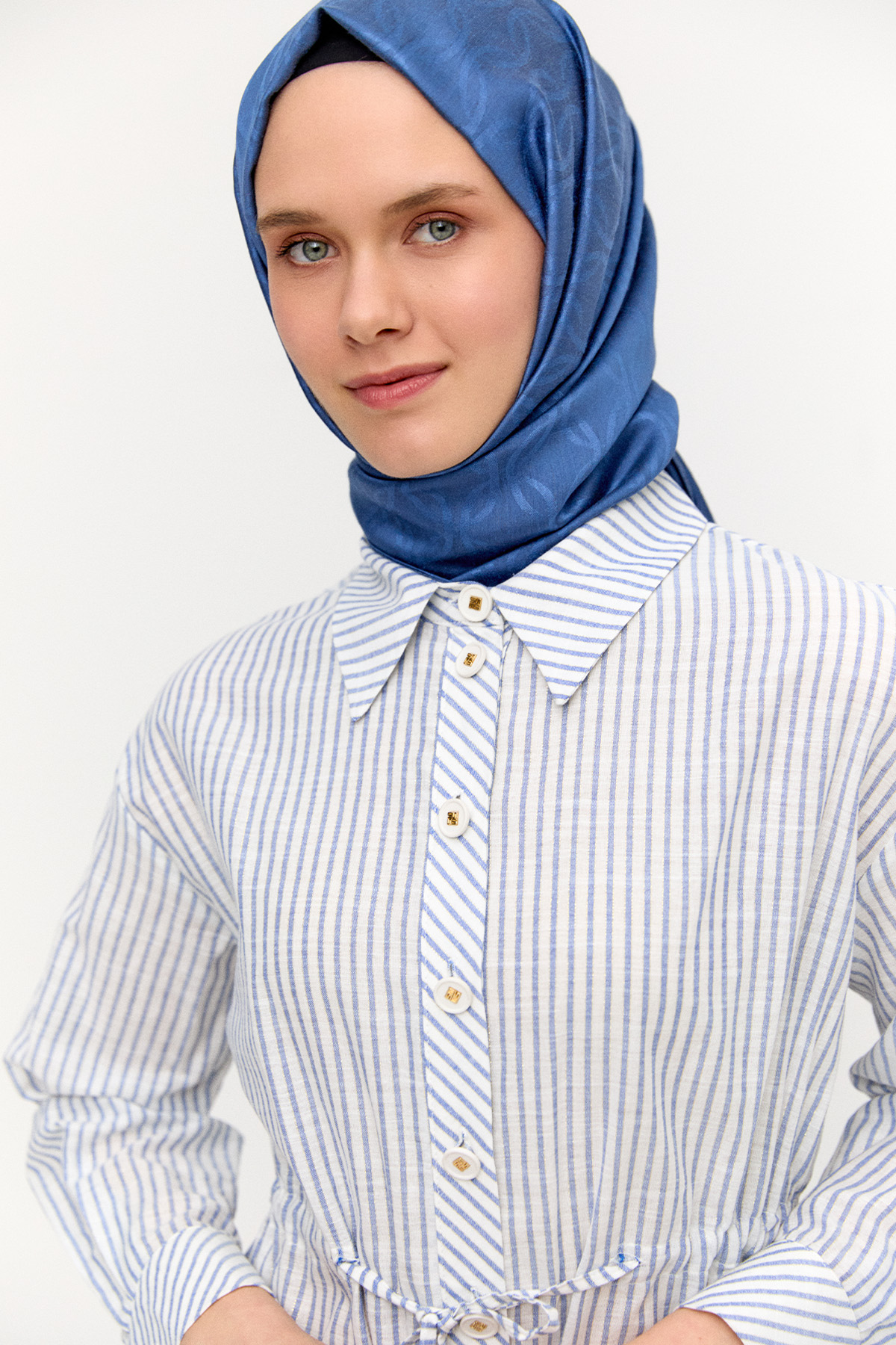 Metal Efektli Çizgili Pamuk Tunik, Tesettür Giyim