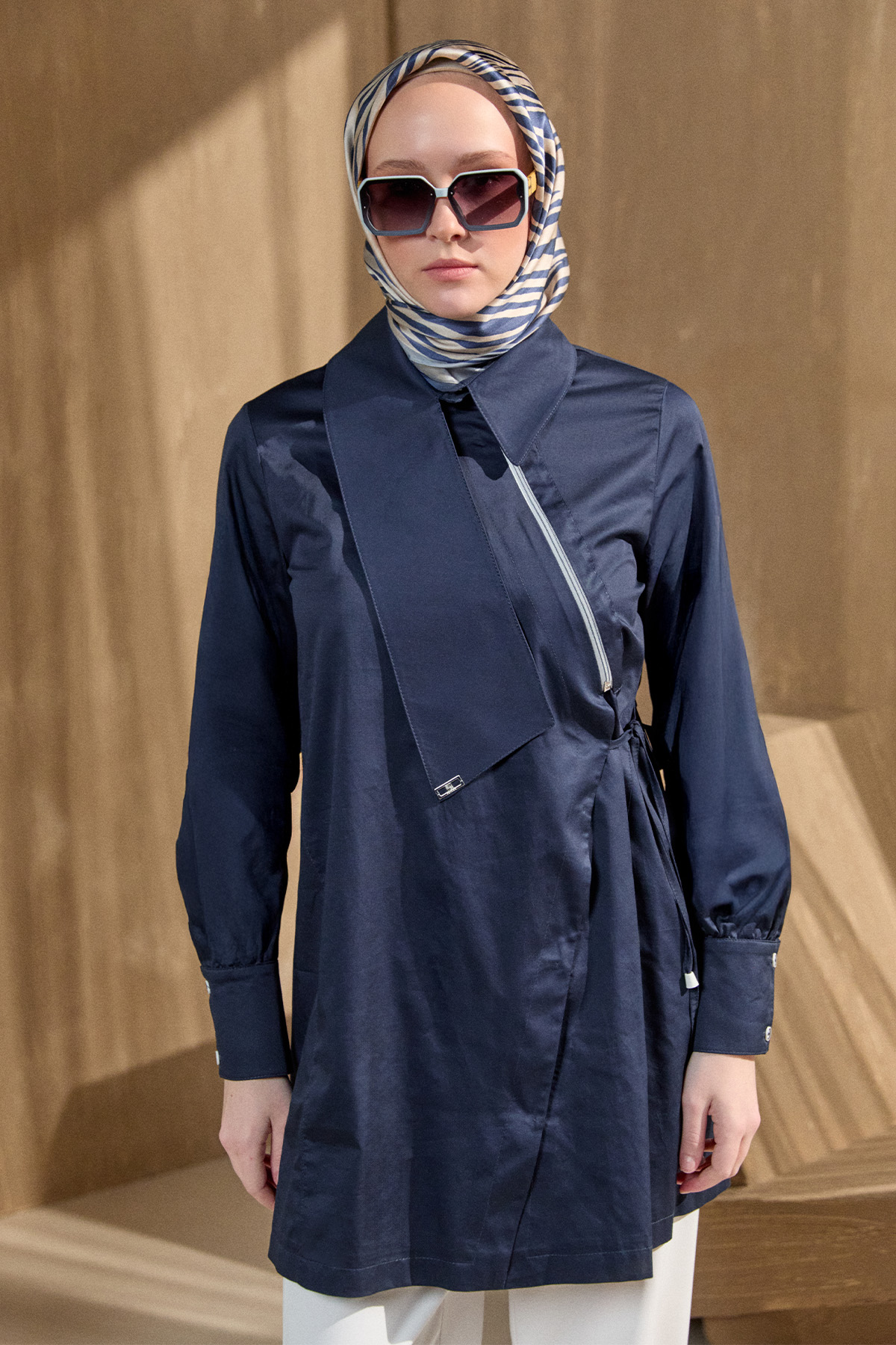 Asimetrik Yakalı Kuşaklı Pamuk Tunik, Tesettür Giyim