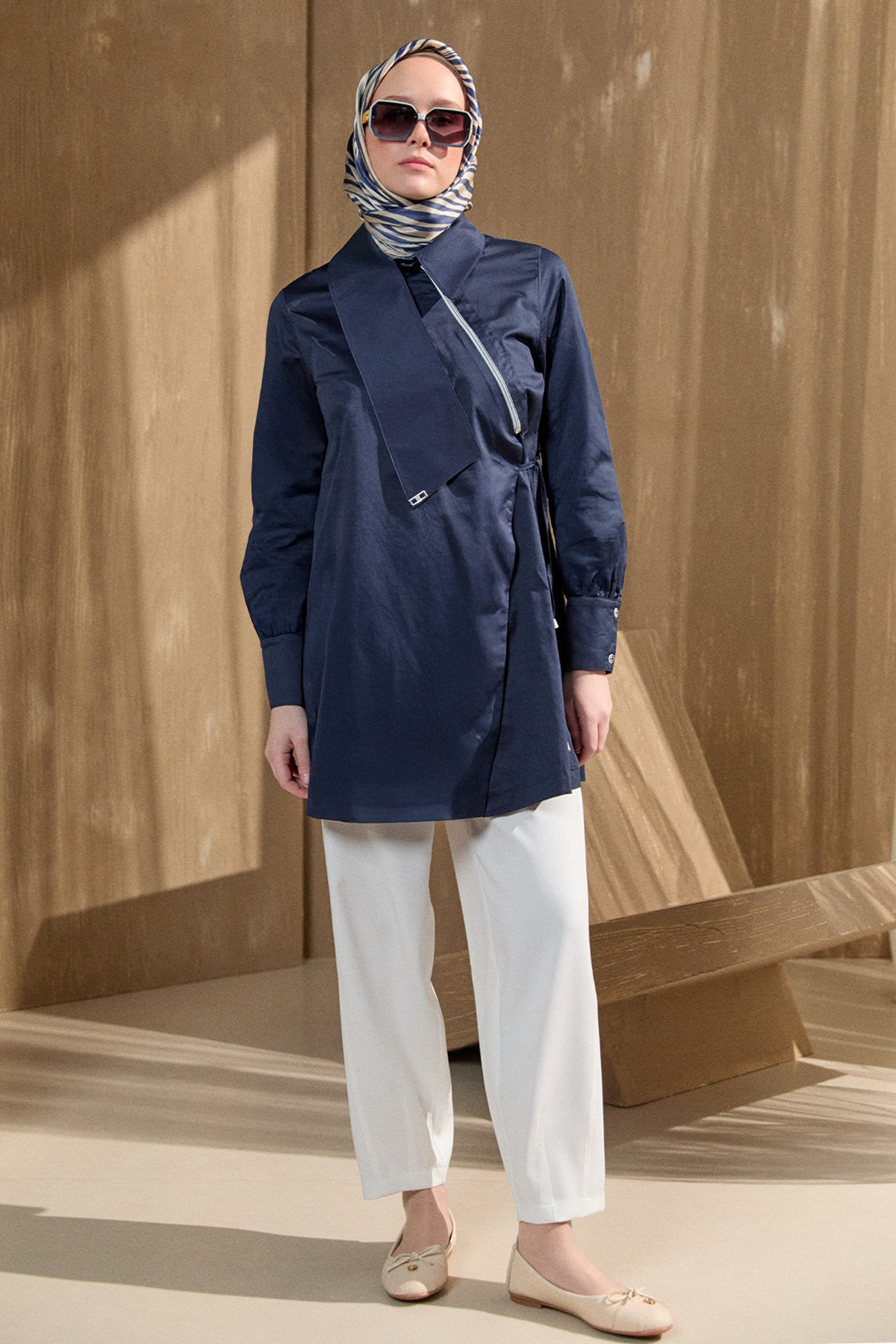 Asimetrik Yakalı Kuşaklı Pamuk Tunik, Tesettür Giyim