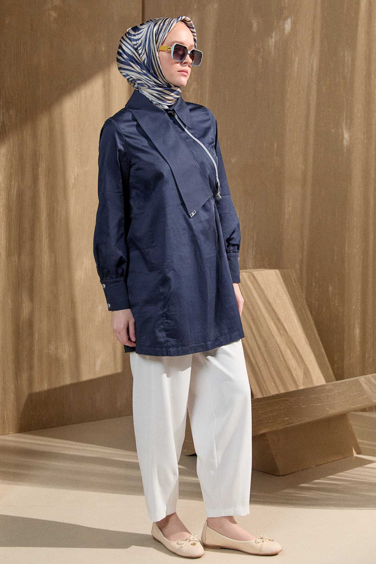 Asimetrik Yakalı Kuşaklı Pamuk Tunik, Tesettür Giyim