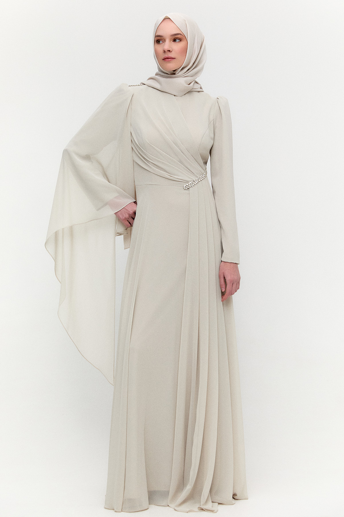 Taşlı Pelerinli Büyük Beden Abiye, Tesettür Giyim