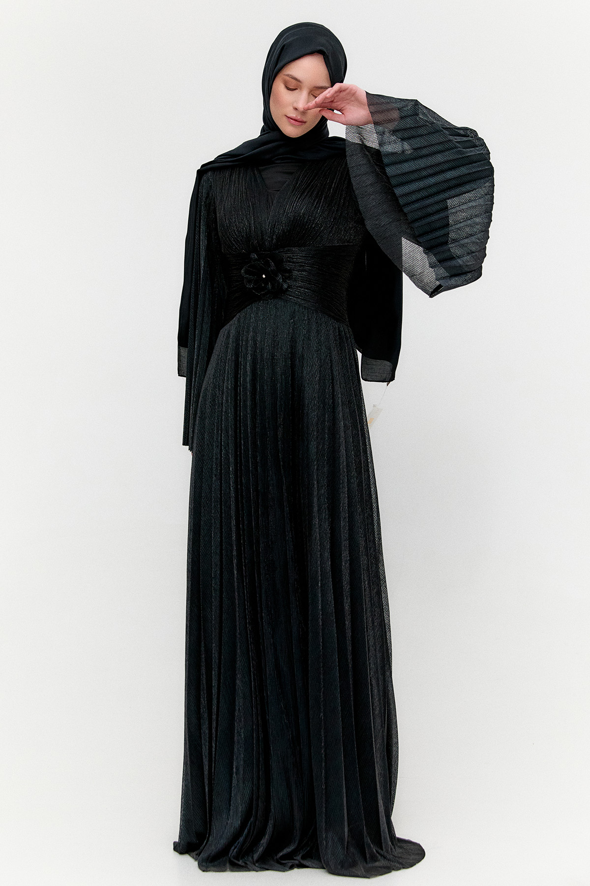 Piliseli Jakarlı Abiye Elbise, Tesettür Giyim