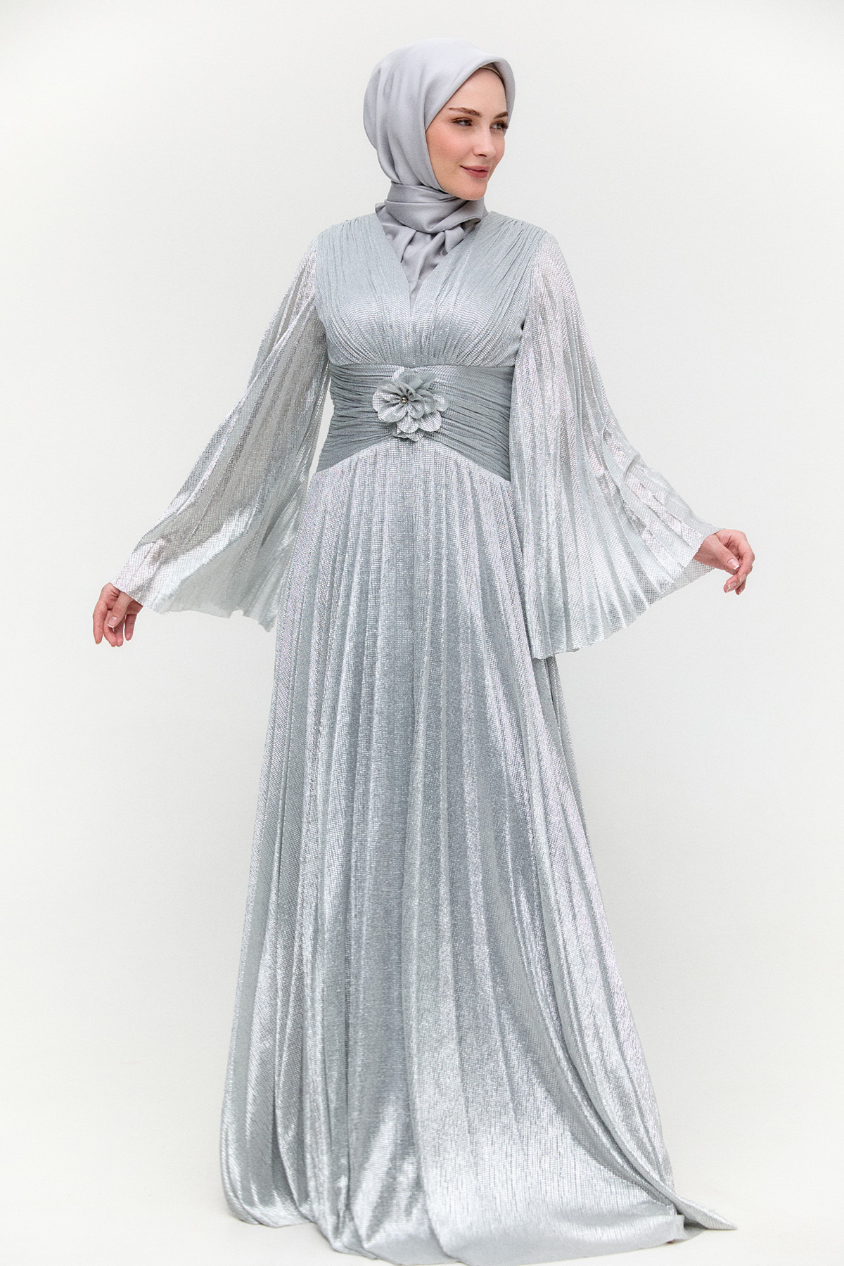 Piliseli Jakarlı Abiye Elbise, Tesettür Giyim