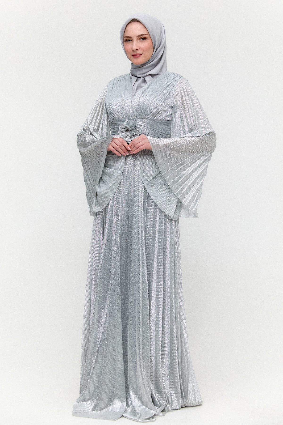 Piliseli Jakarlı Abiye Elbise, Tesettür Giyim