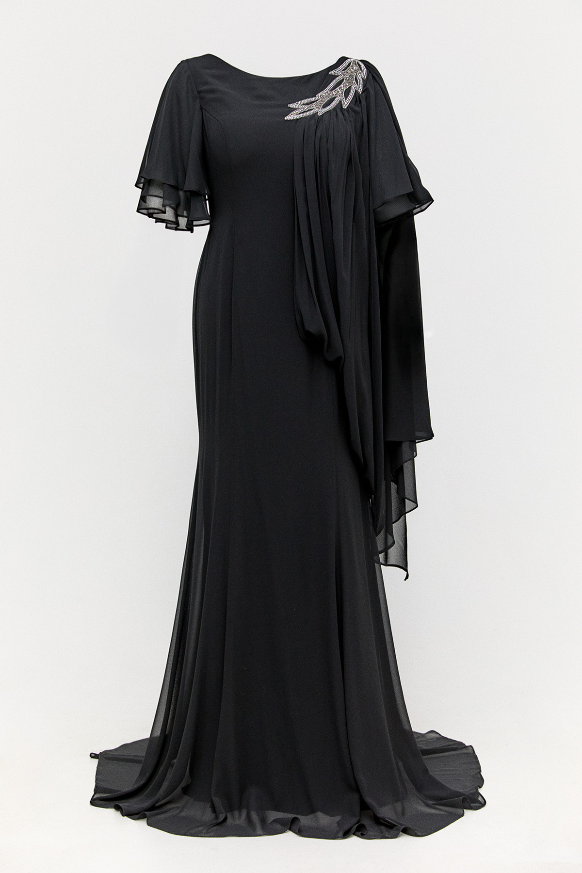 Volanlı Kuyruklu Şifon Abiye Elbise, Tesettür Giyim