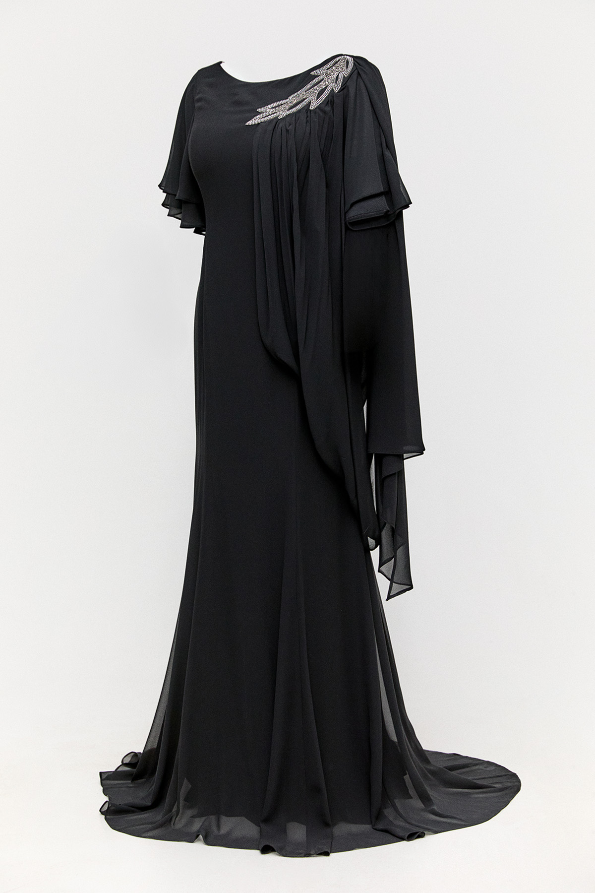 Volanlı Kuyruklu Şifon Abiye Elbise, Tesettür Giyim