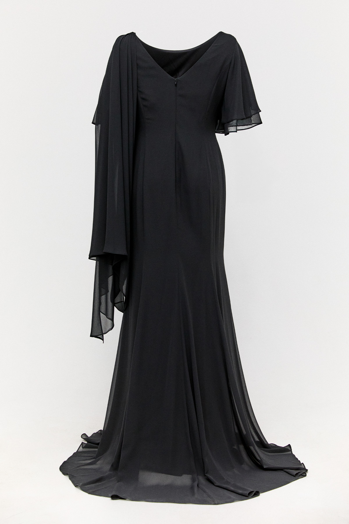 Volanlı Kuyruklu Şifon Abiye Elbise, Tesettür Giyim