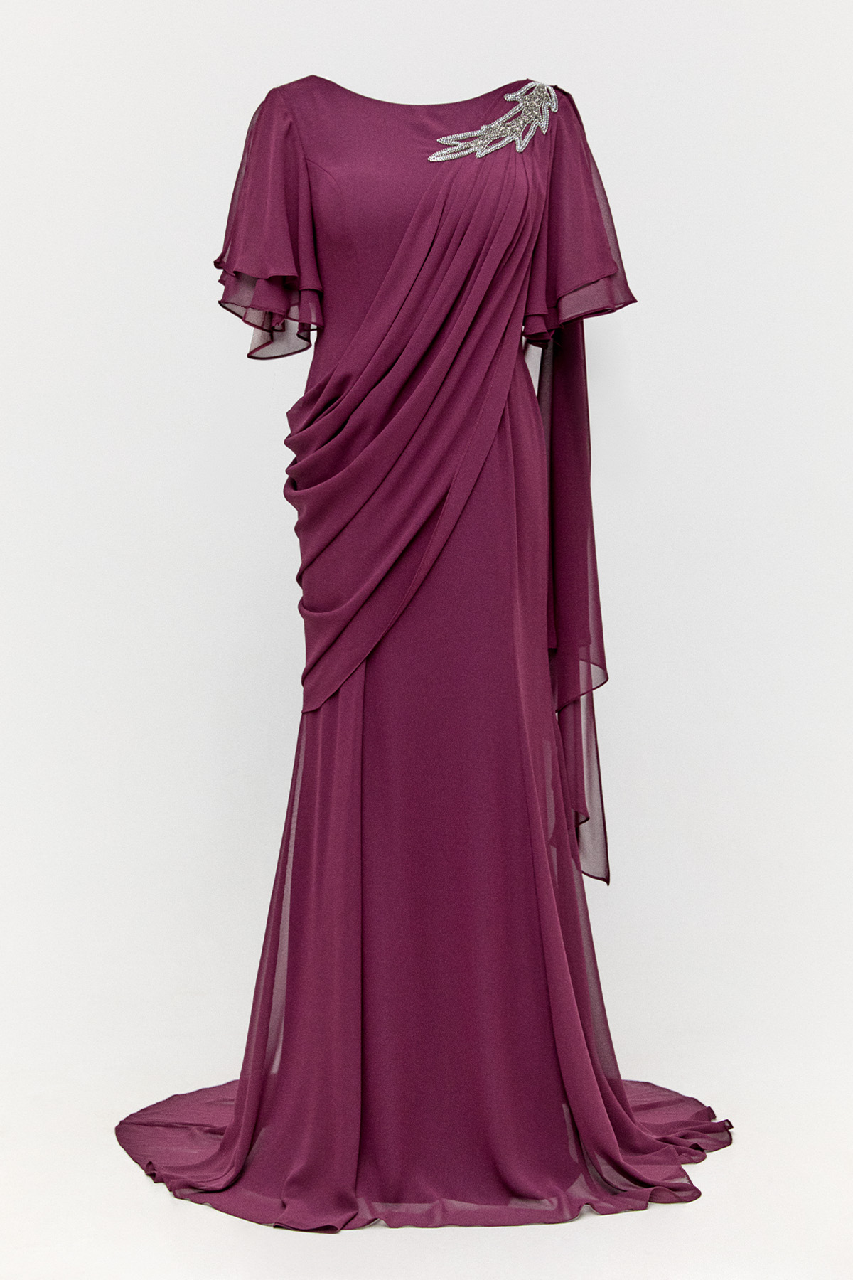 Volanlı Kuyruklu Şifon Abiye Elbise, Tesettür Giyim