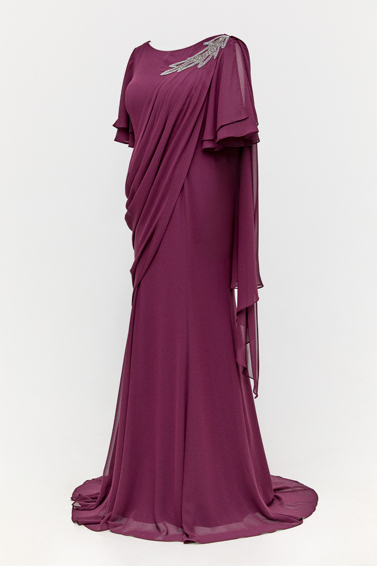 Volanlı Kuyruklu Şifon Abiye Elbise, Tesettür Giyim