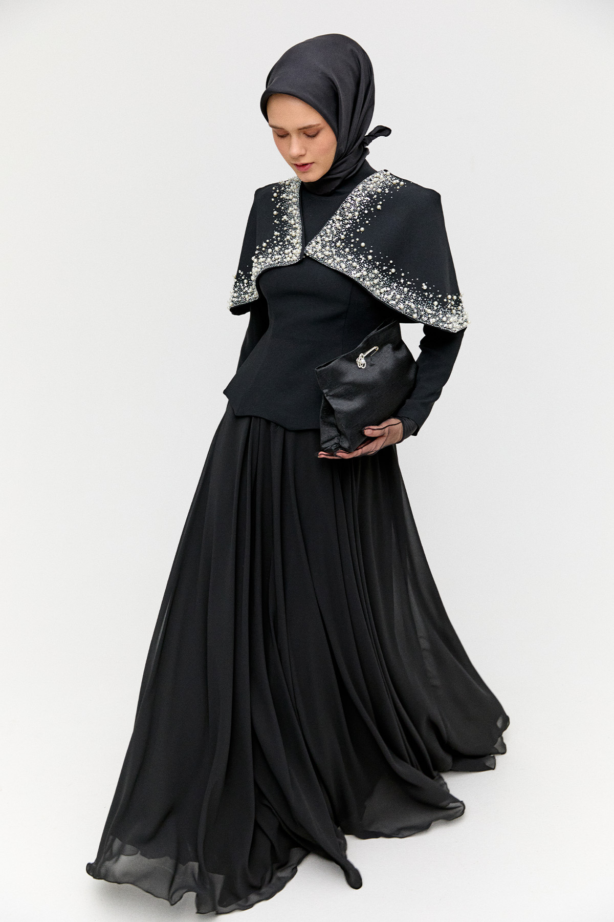 Çıkarılabilir Pelerinli Krep Abiye Elbise, Tesettür Giyim