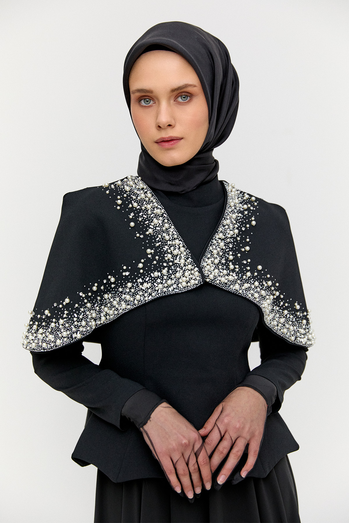 Çıkarılabilir Pelerinli Krep Abiye Elbise, Tesettür Giyim