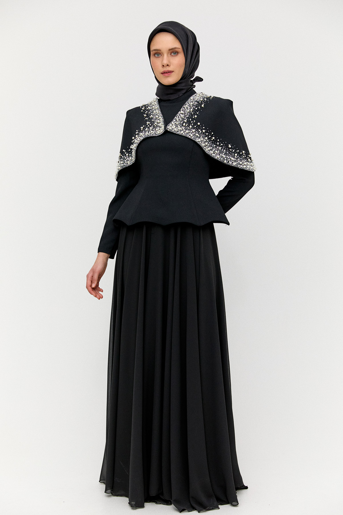 Çıkarılabilir Pelerinli Krep Abiye Elbise, Tesettür Giyim