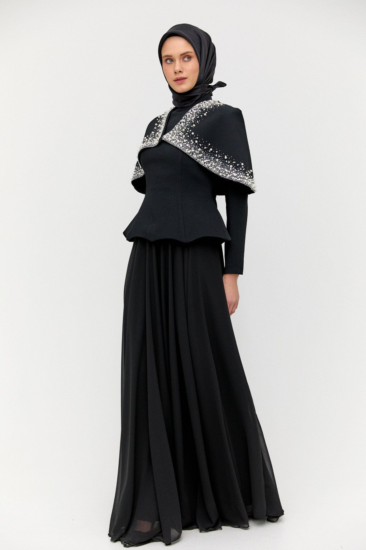 Çıkarılabilir Pelerinli Krep Abiye Elbise, Tesettür Giyim