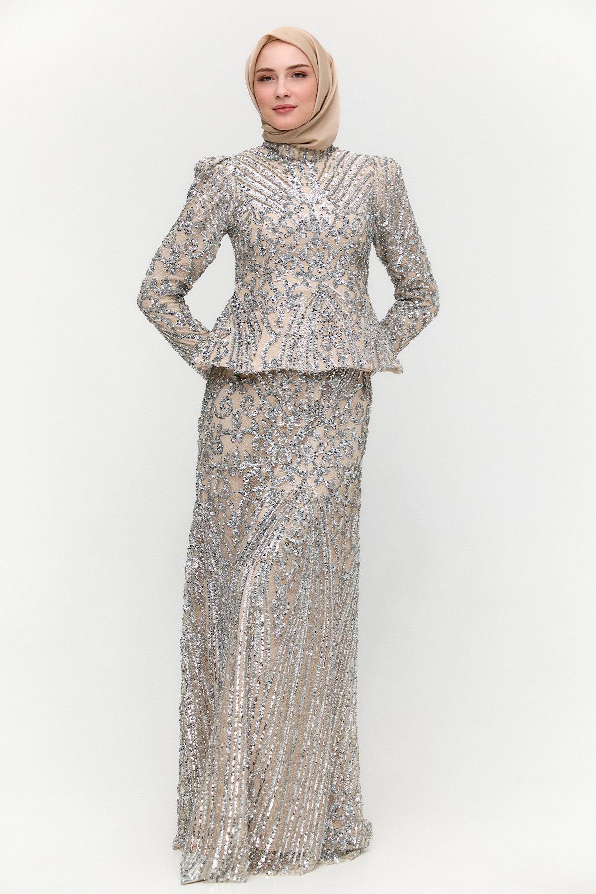 Katmanlı Pul Payetli Abiye Elbise, Tesettür Giyim
