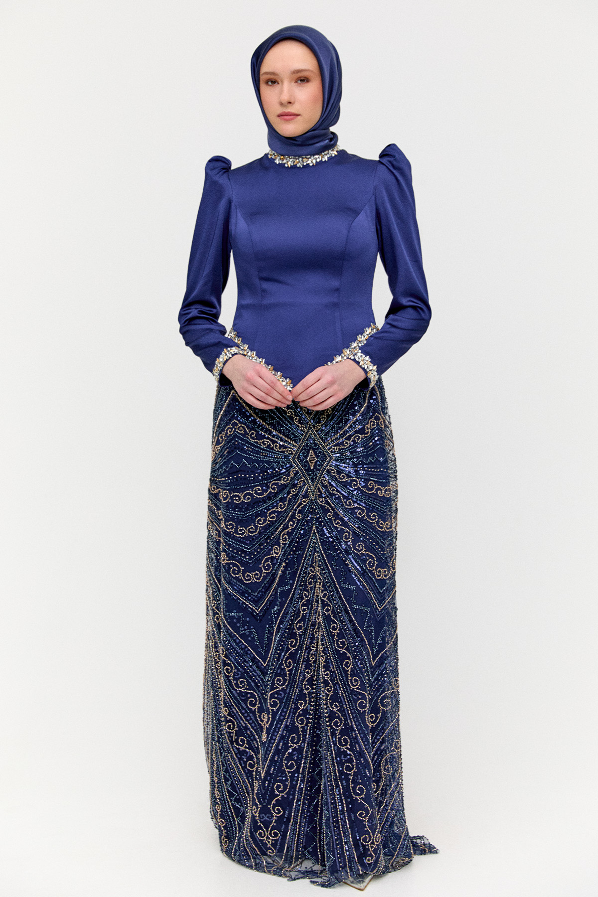 Ceket Formlu Taşlı Abiye Elbise, Tesettür Giyim