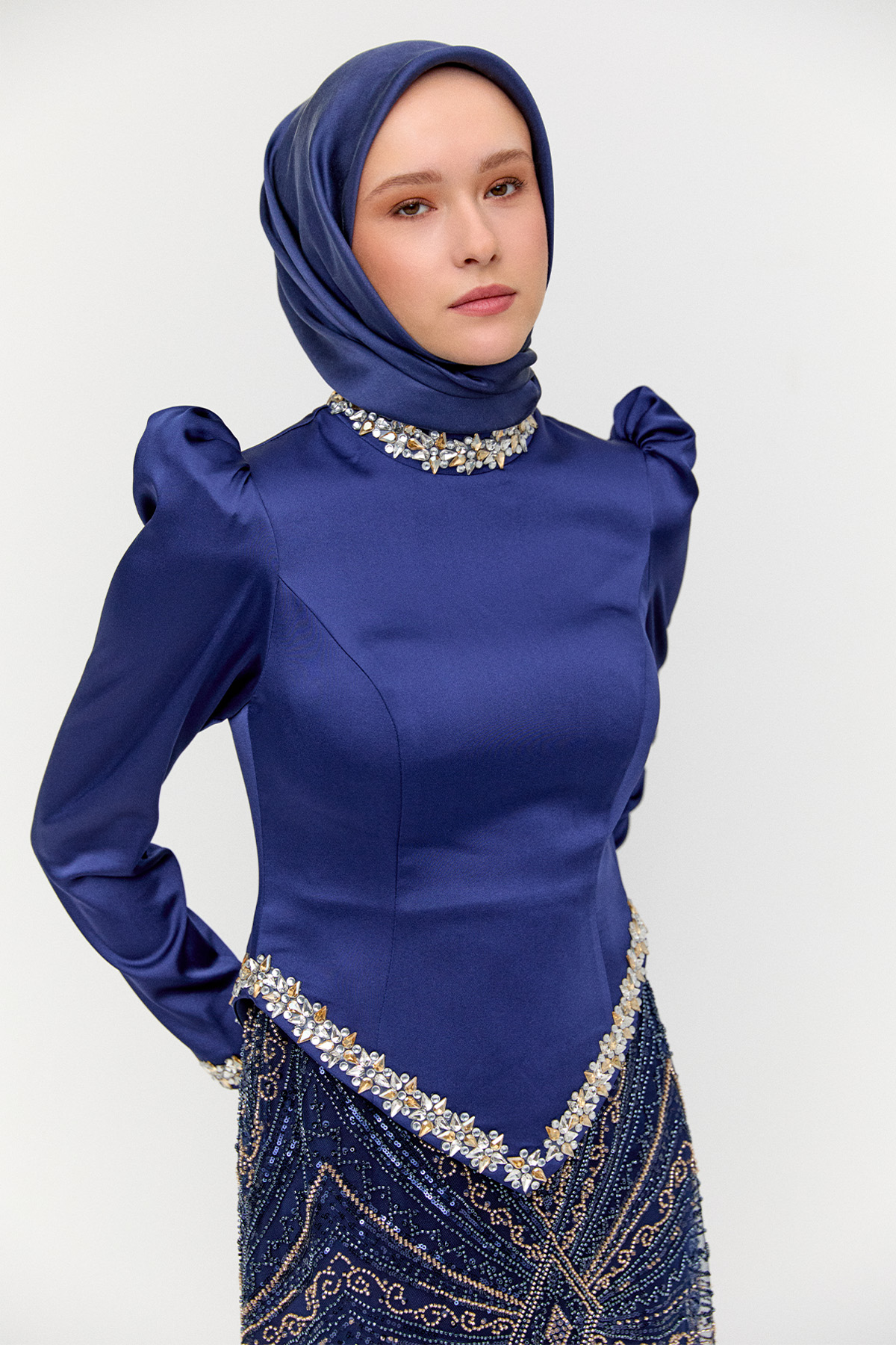Ceket Formlu Taşlı Abiye Elbise, Tesettür Giyim