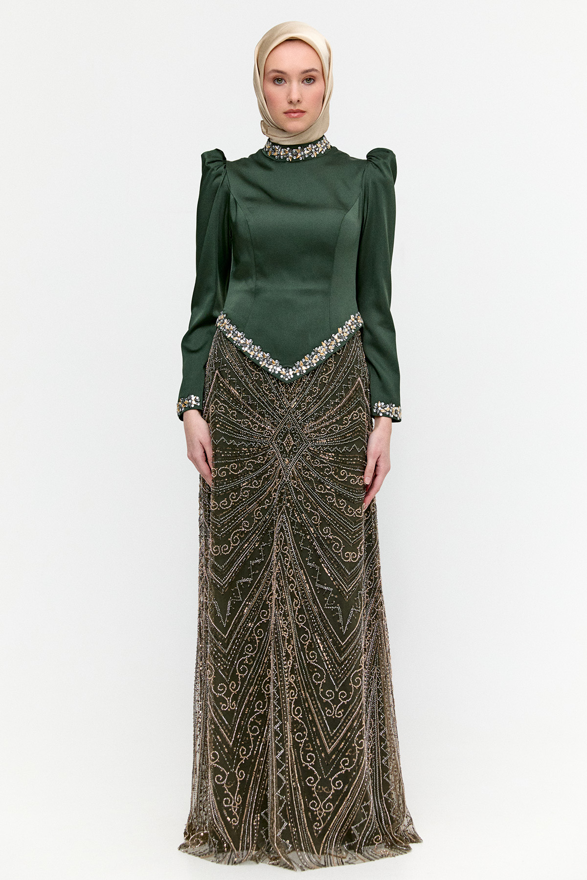 Ceket Formlu Taşlı Abiye Elbise, Tesettür Giyim