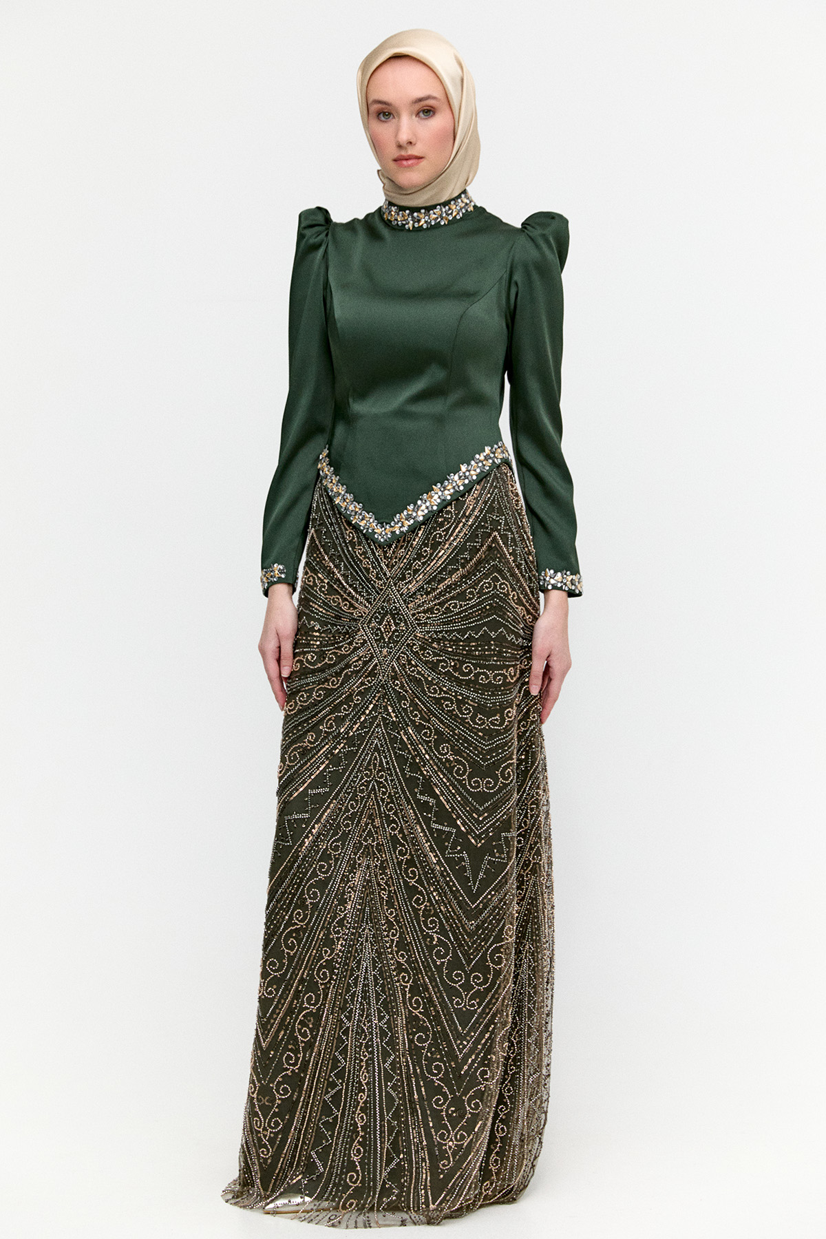 Ceket Formlu Taşlı Abiye Elbise, Tesettür Giyim