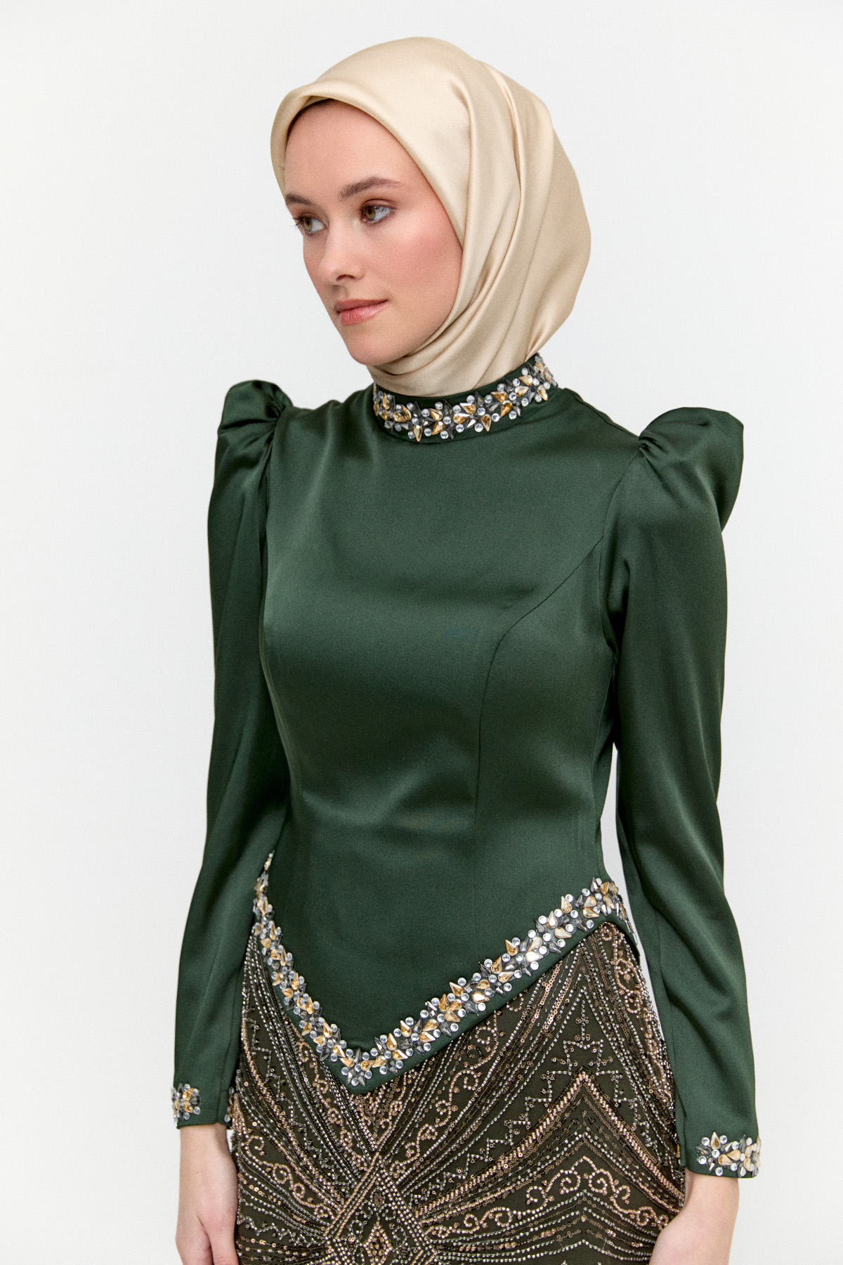 Ceket Formlu Taşlı Abiye Elbise, Tesettür Giyim