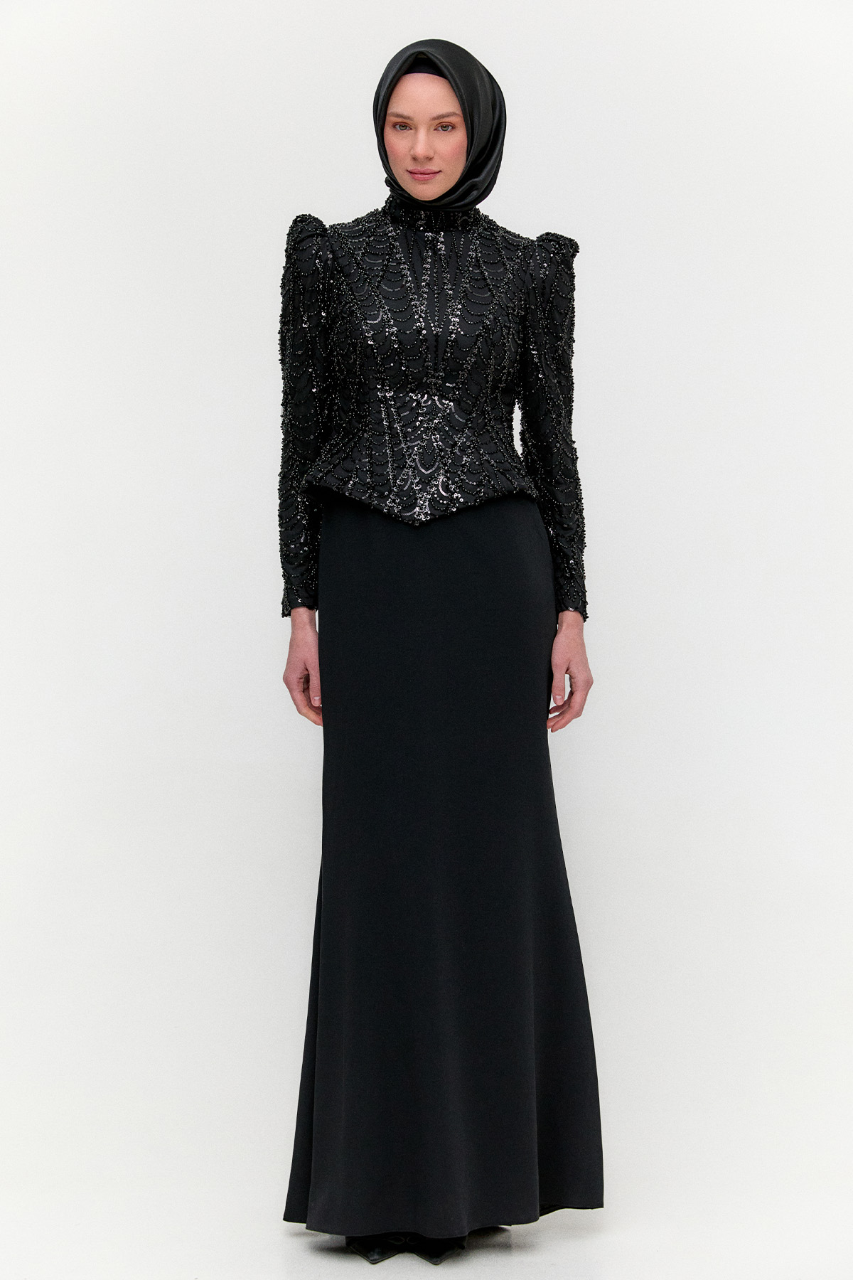 Payetli Çift Kumaş Abiye Elbise, Tesettür Giyim