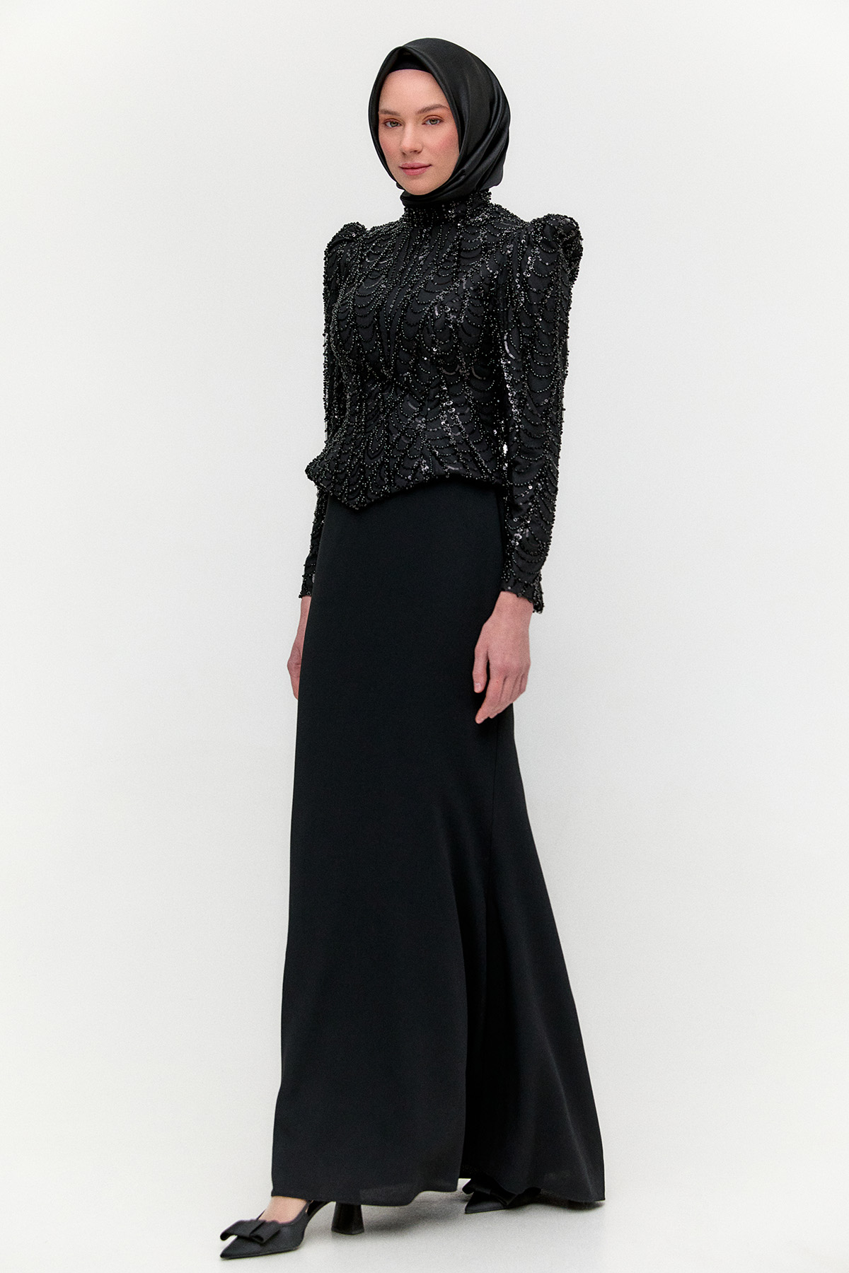 Payetli Çift Kumaş Abiye Elbise, Tesettür Giyim
