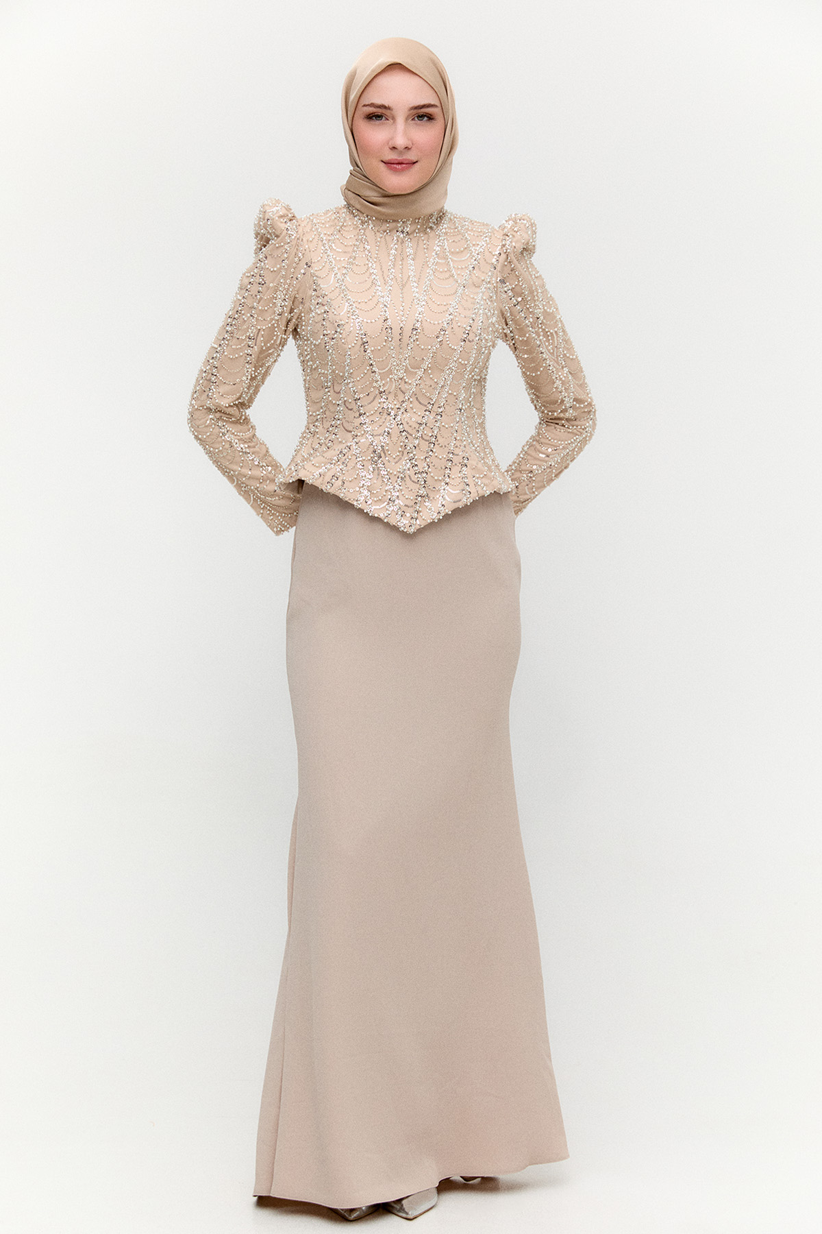 Payetli Çift Kumaş Abiye Elbise, Tesettür Giyim
